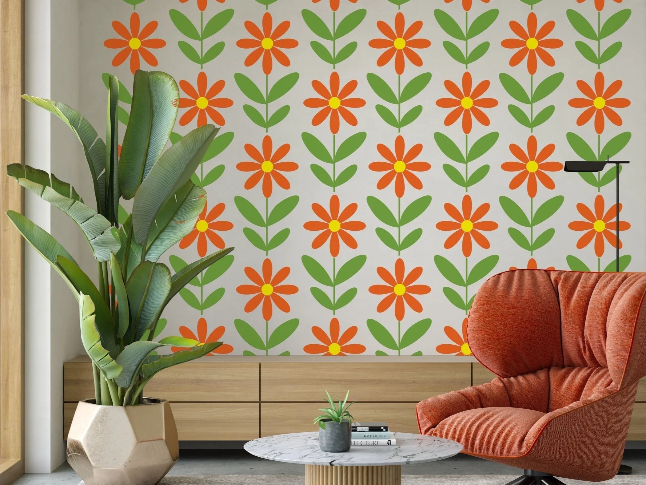 Mod Flower Wall Decal - 4 panels shown in orange, lime, and yellow
