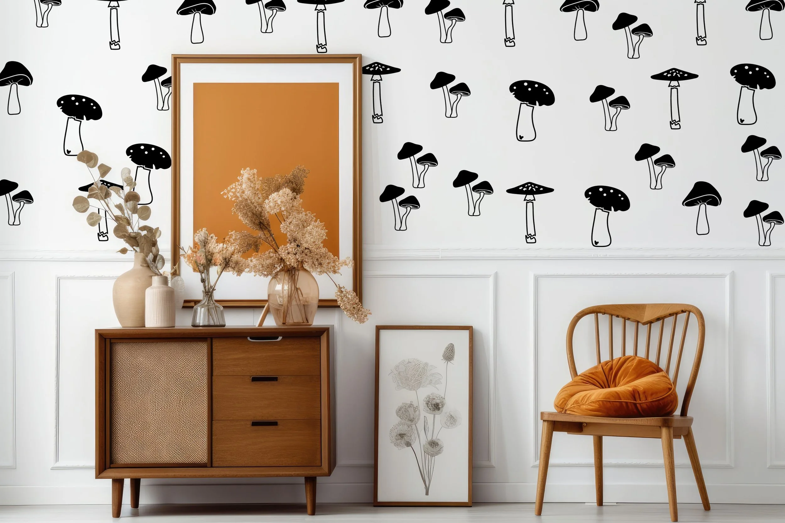 Various types, shapes, and sizes of mushroom removable wall decals, perfect for renters, rustic, nature, or whimsical inspired spaces.