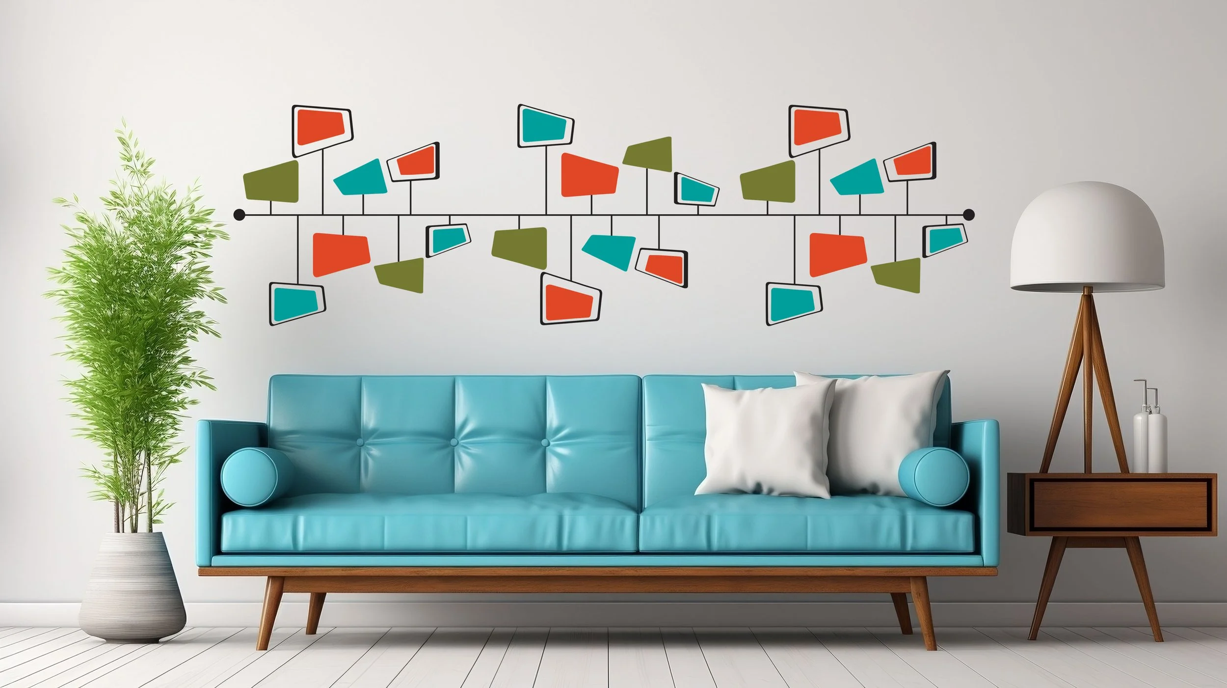 Atomic mid century inspired removable vinyl wall decal pattern by Wall Star Graphics, stylish geometric, 4 color.