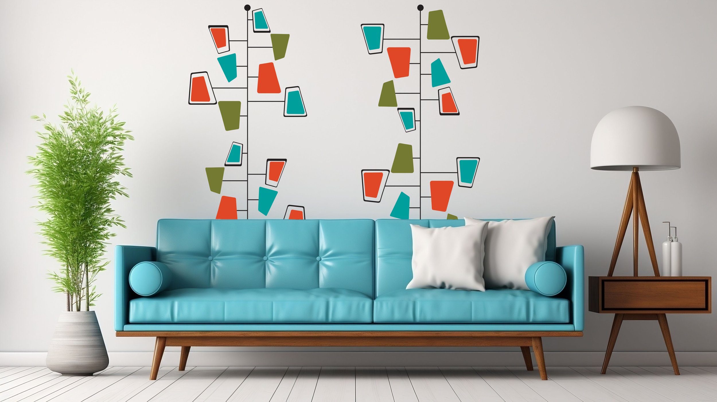 Atomic mid century inspired removable vinyl wall decal pattern by Wall Star Graphics, stylish geometric, 4 color.