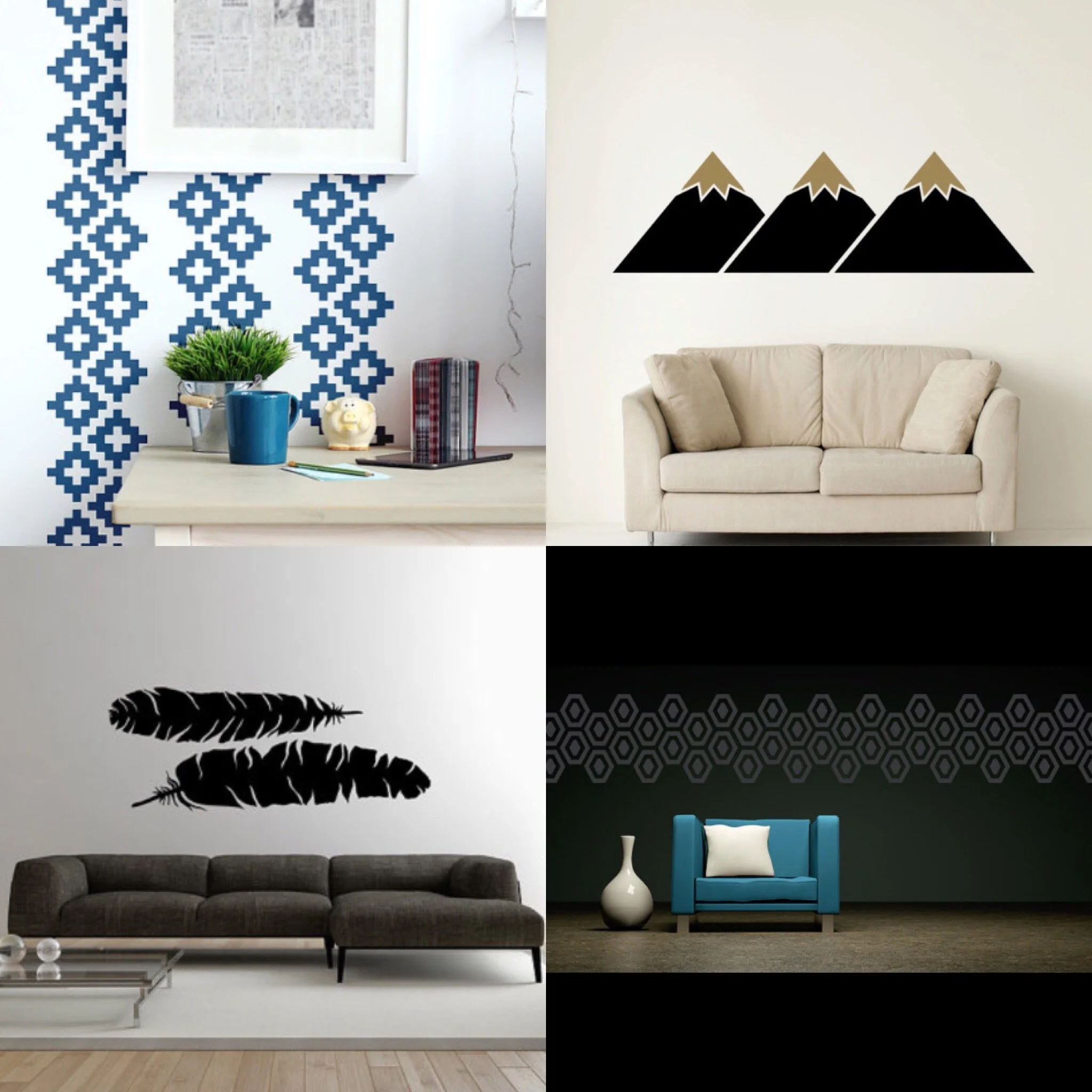 A collage of southwestern inspired vinyl wall decals by Wall Star Graphics, including cactus, Joshua Tree, geometric patterns, and feathers.