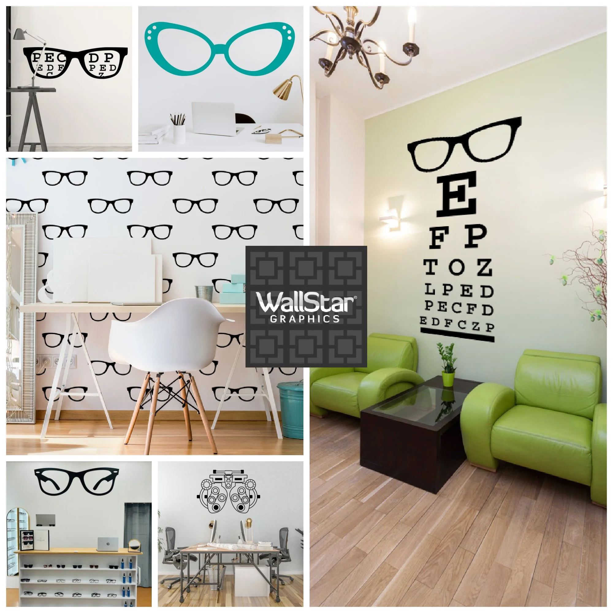 Collage of eyewear wall decals by Wall Star Graphics.