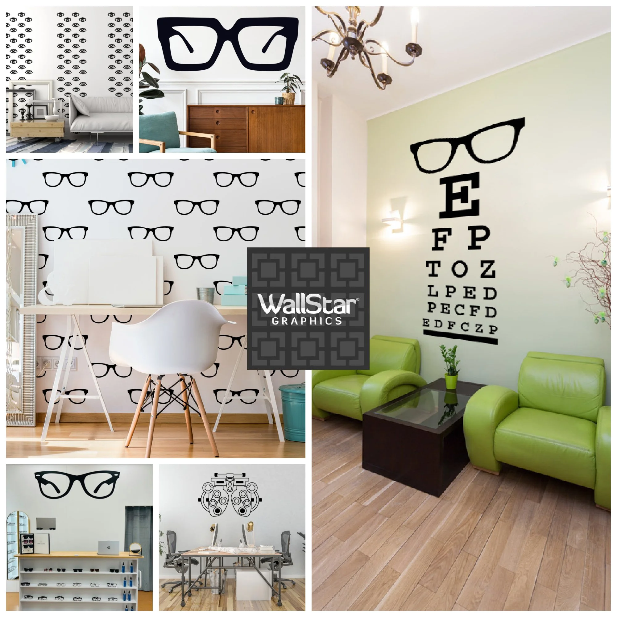 A collage of trendy vinyl wall decals suitable for dorms or offices, consisting of eye glasses, eye charts, and phoropters.