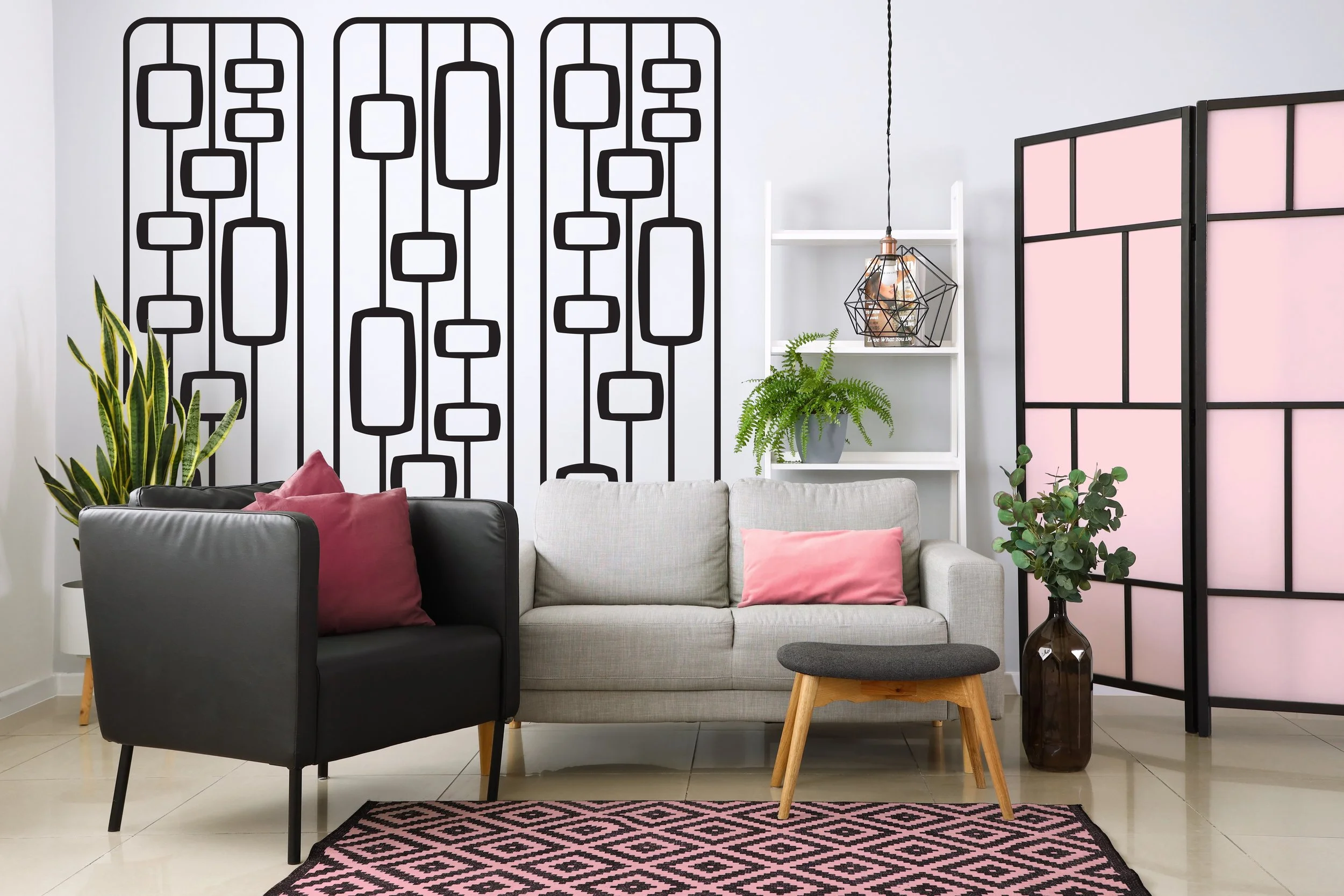 A rectangle screen with geometric shapes removable vinyl wall decal by Wall Star Graphics.