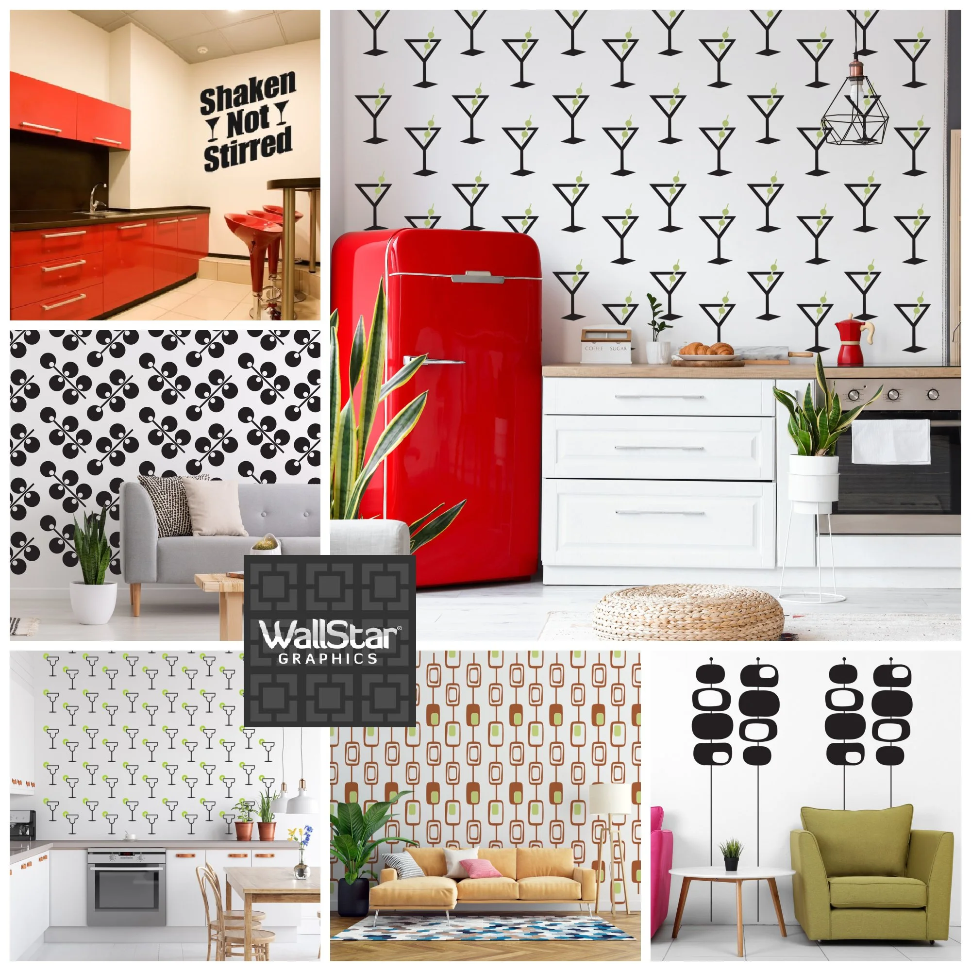 A collage of retro modern inspired wall decals shown in various modern living rooms, bedrooms, kitchens.
