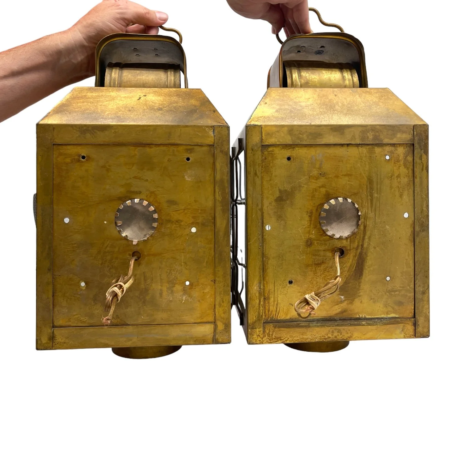 Vintage pair of hard wired brass nautical lantern lights suitable for indoor/outdoor use, made by Hollywood Lighting Fixture Co.