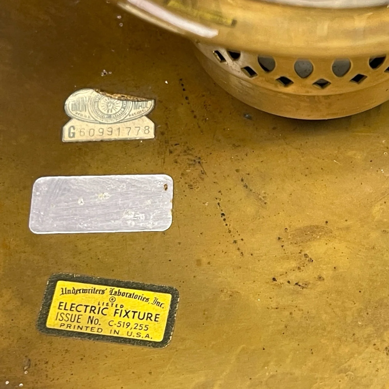 Union made label, Hollywood Lighting Fixture co. label, and UL listed label from  a vintage pair of hard wired brass nautical lantern lights , made by Hollywood Lighting Fixture Co.