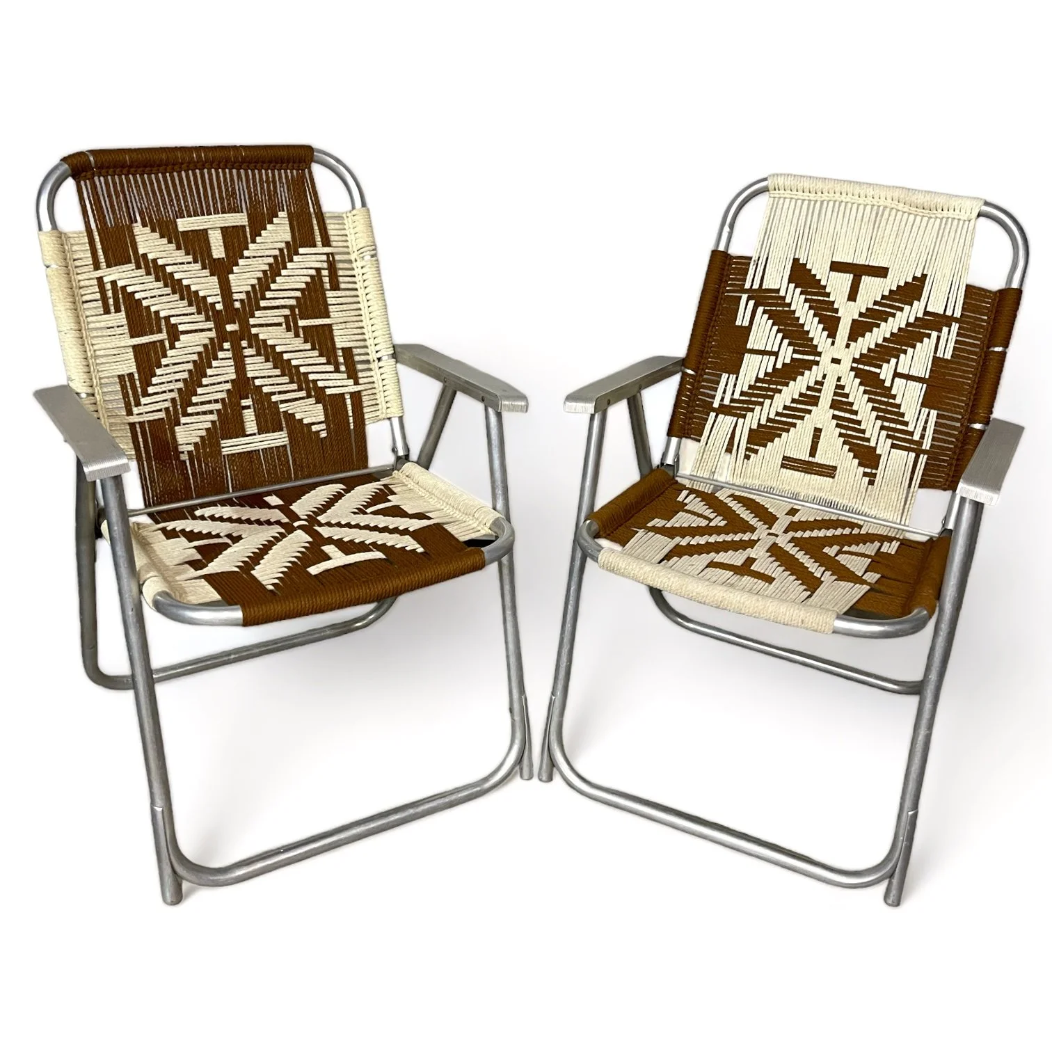 Vintage retro aluminum lawn chairs set of 2 with macrame seat and backrest in a brown and off white geometric pattern.