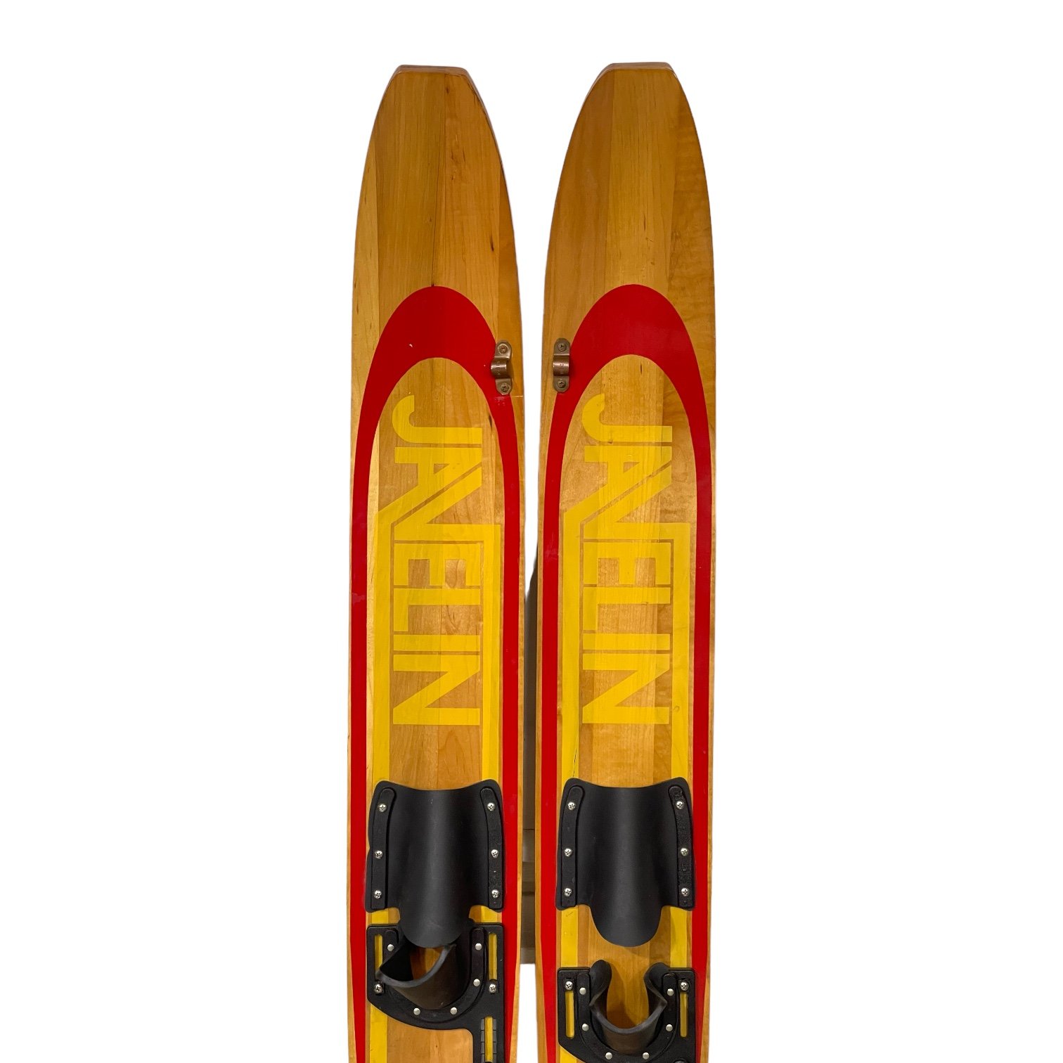 Vintage Water Skis Pair, Javelin Junior Comp OMC Wooden Water Skis, with bindings, red and yellow graphics.