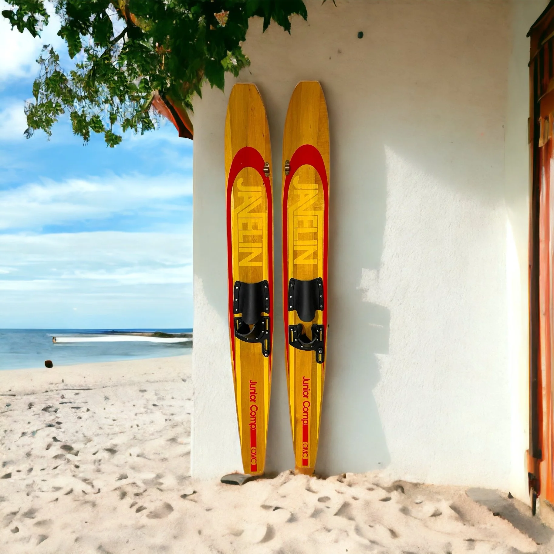 Vintage Water Skis Pair, Javelin Junior Comp OMC Wooden Water Skis, with bindings, red and yellow graphics.