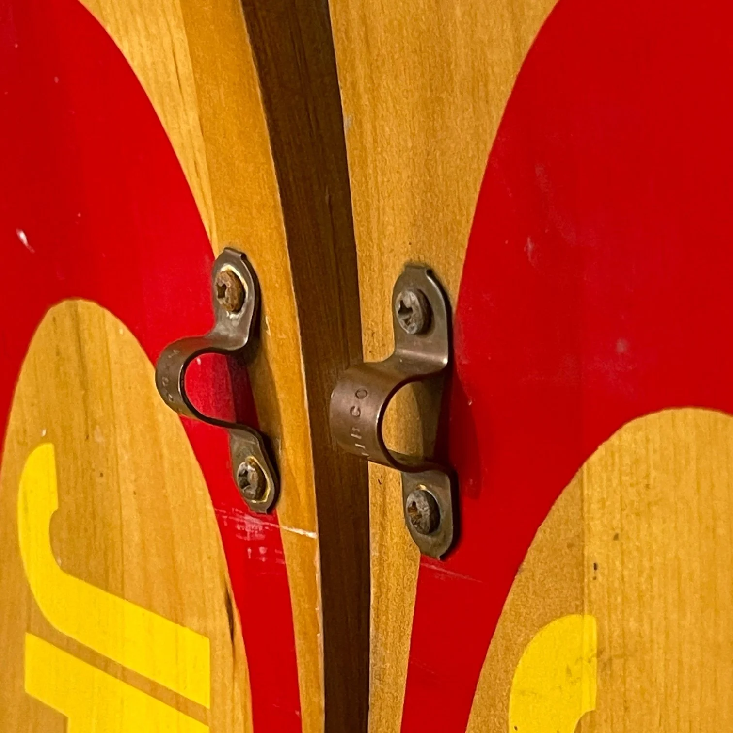 Vintage Water Skis Pair, Javelin Junior Comp OMC Wooden Water Skis, with bindings, red and yellow graphics.