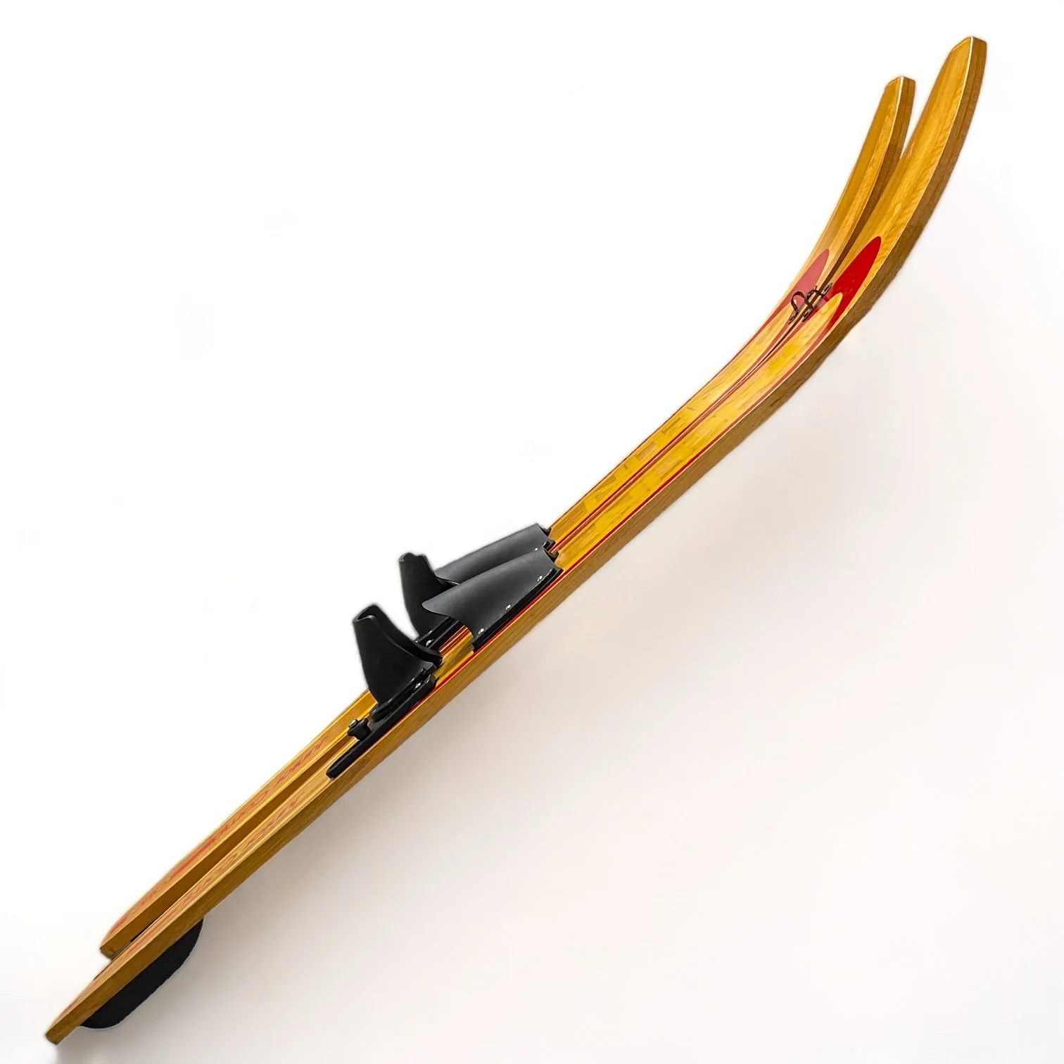Vintage Water Skis Pair, Javelin Junior Comp OMC Wooden Water Skis, with bindings, red and yellow graphics.