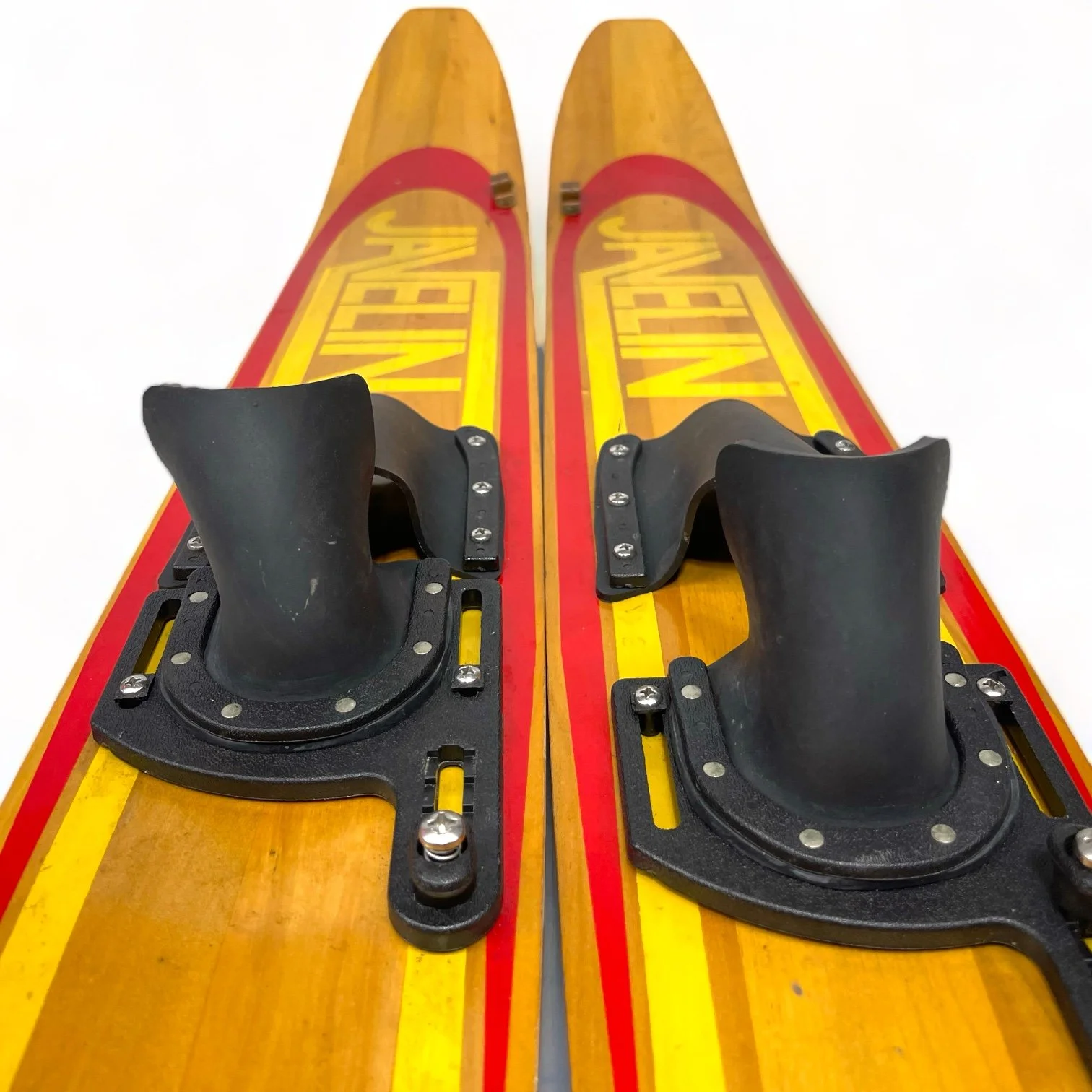 Vintage Water Skis Pair, Javelin Junior Comp OMC Wooden Water Skis, with bindings, red and yellow graphics.
