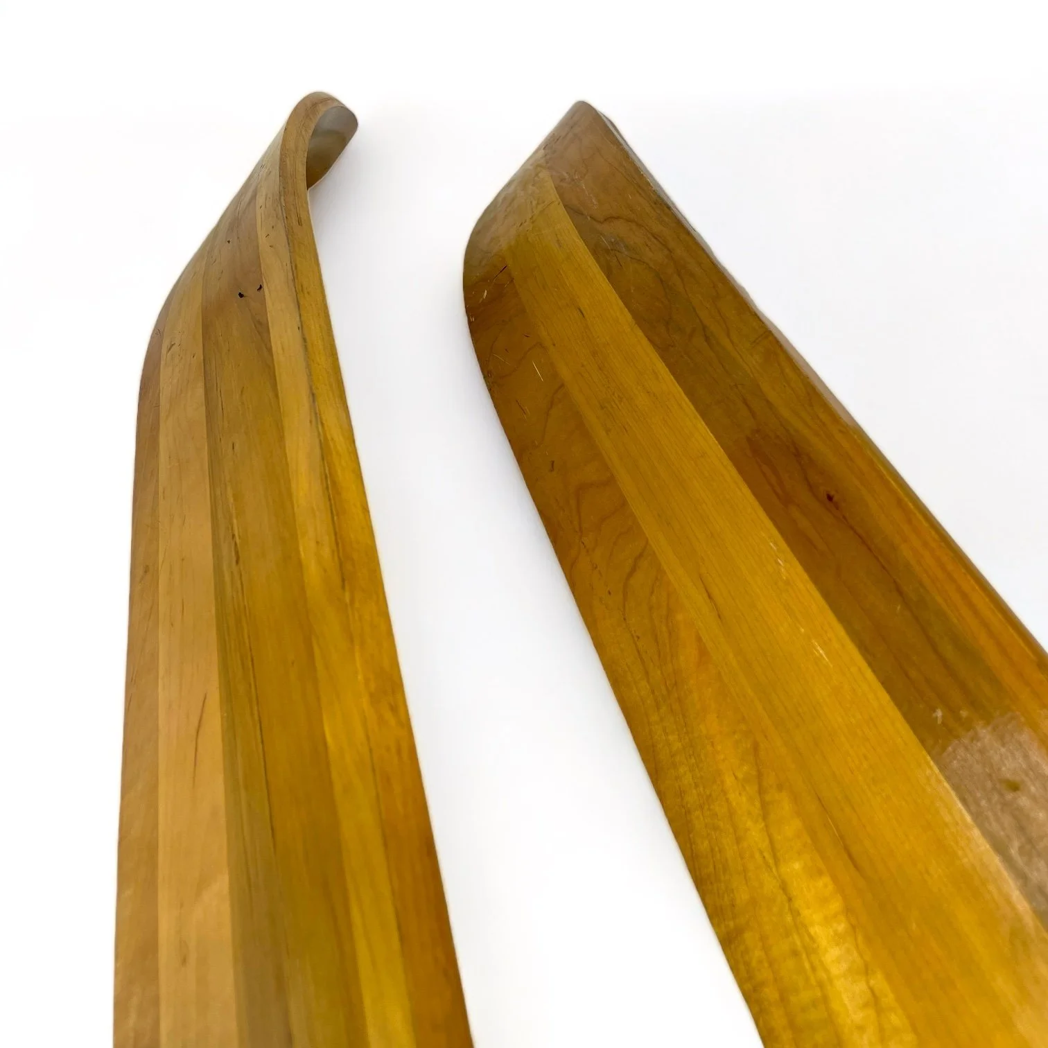 Vintage Water Skis Pair, Javelin Junior Comp OMC Wooden Water Skis, with bindings, red and yellow graphics.