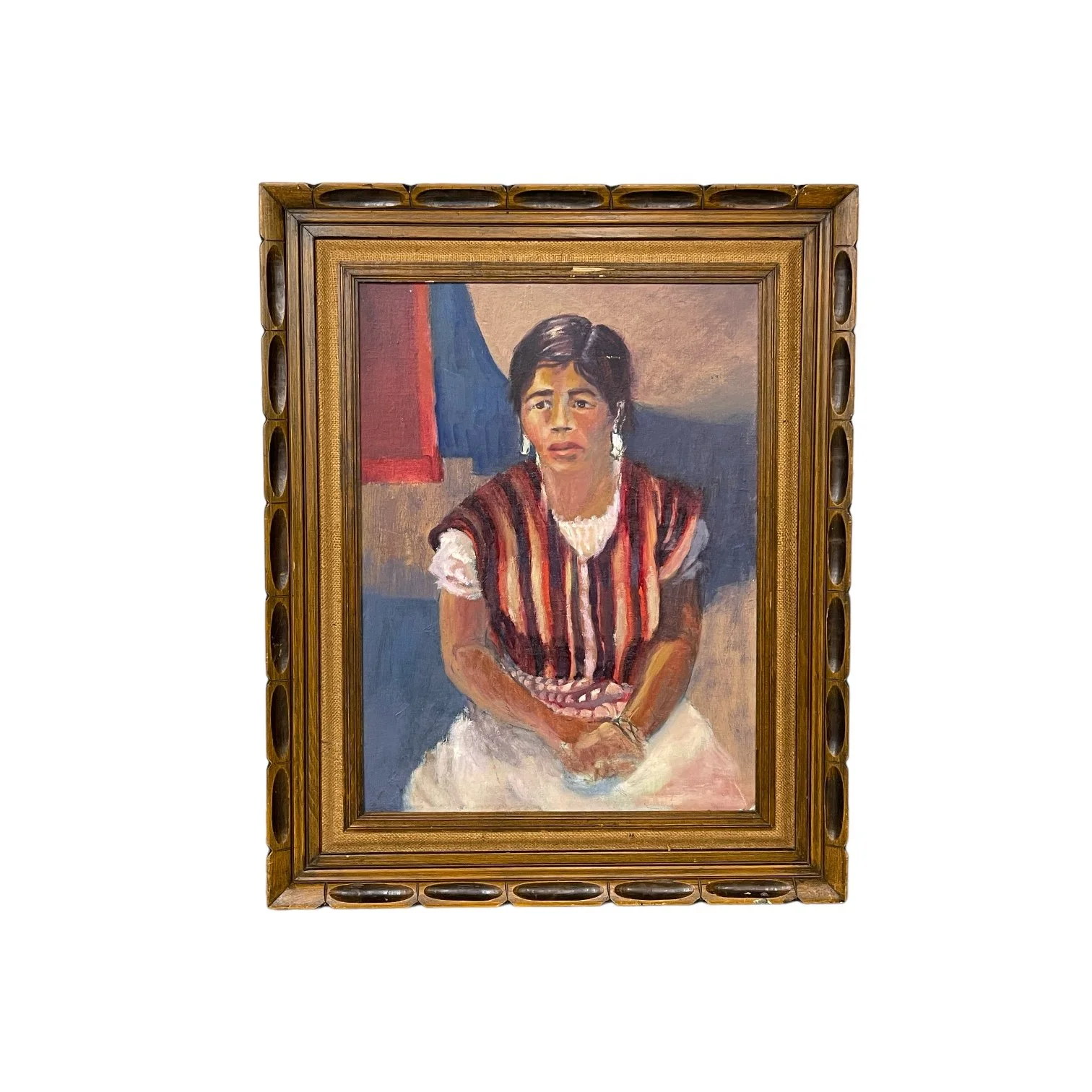 Vintage original oil painting of a Hispanic woman, framed in ornate wood frame, 32 x 26 inches, vertical orientation, Painted on a vintage Fredrix canvas board.