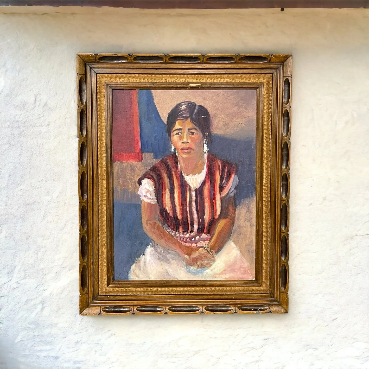 Vintage original oil painting of a Hispanic woman, framed in ornate wood frame, 32 x 26 inches, vertical orientation, Painted on a vintage Fredrix canvas board.