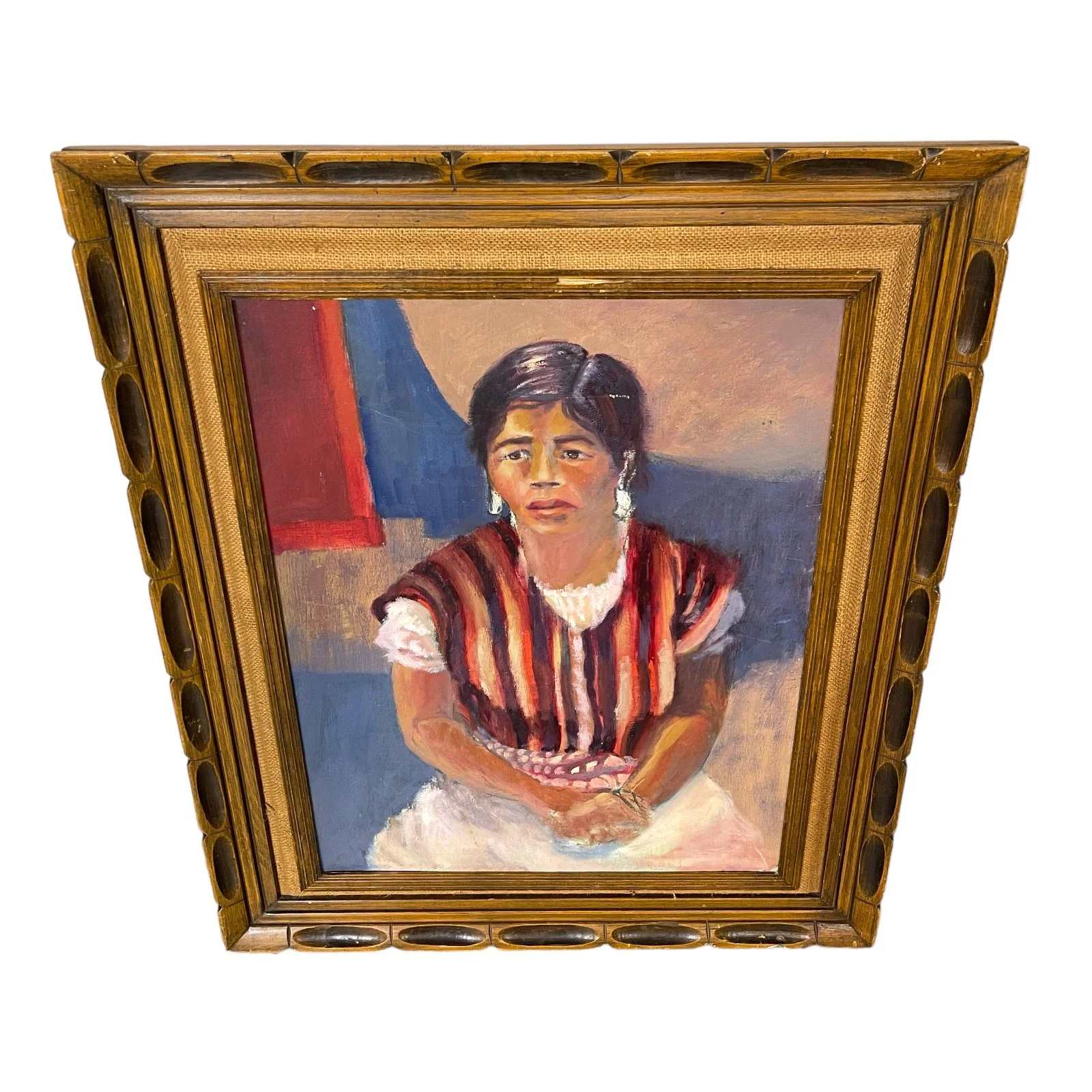 Vintage original oil painting of a Hispanic woman, framed in ornate wood frame, 32 x 26 inches, vertical orientation, Painted on a vintage Fredrix canvas board.