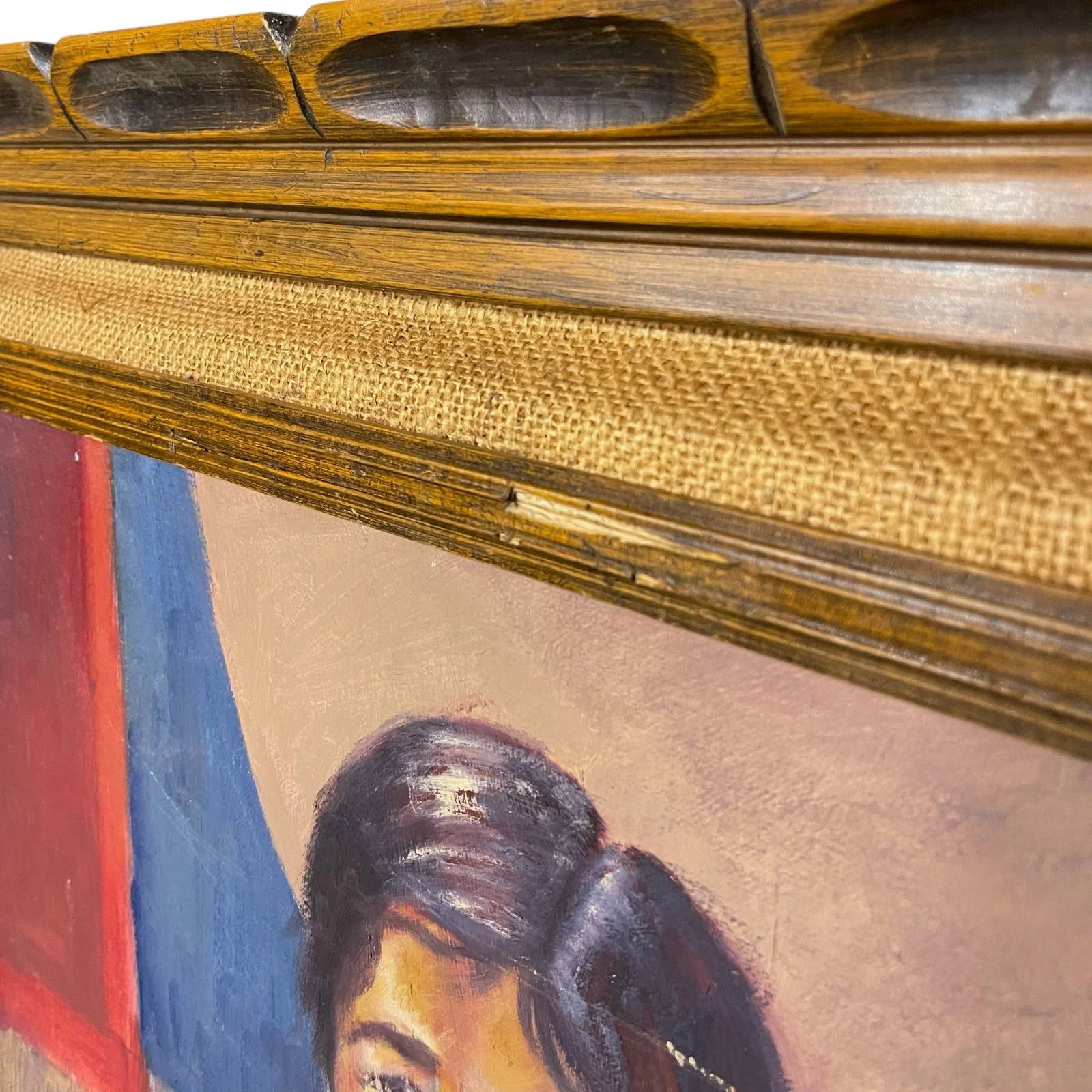 Vintage original oil painting of a Hispanic woman, framed in ornate wood frame, 32 x 26 inches, vertical orientation, Painted on a vintage Fredrix canvas board.