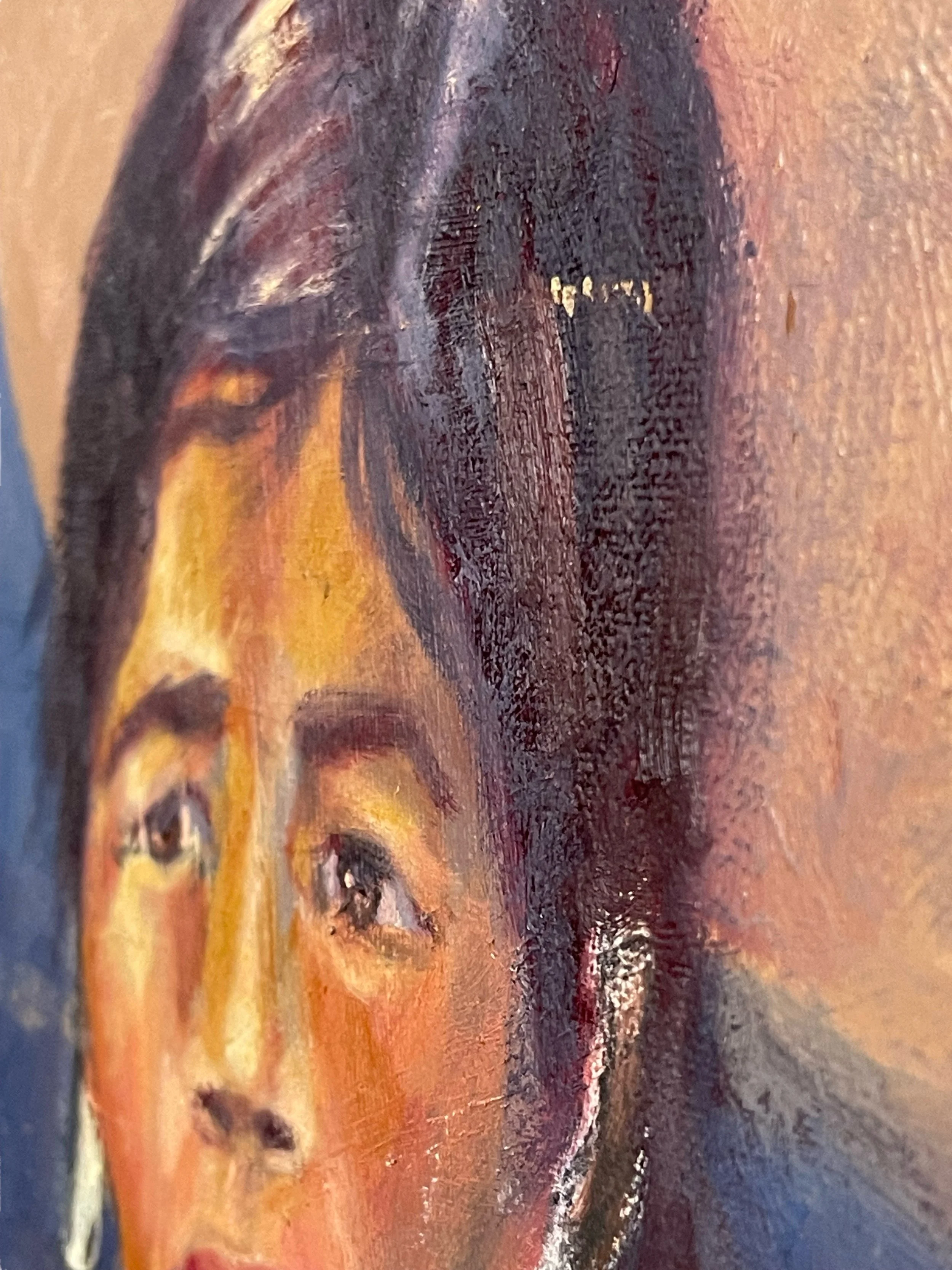 Vintage original oil painting of a Hispanic woman, framed in ornate wood frame, 32 x 26 inches, vertical orientation, Painted on a vintage Fredrix canvas board.