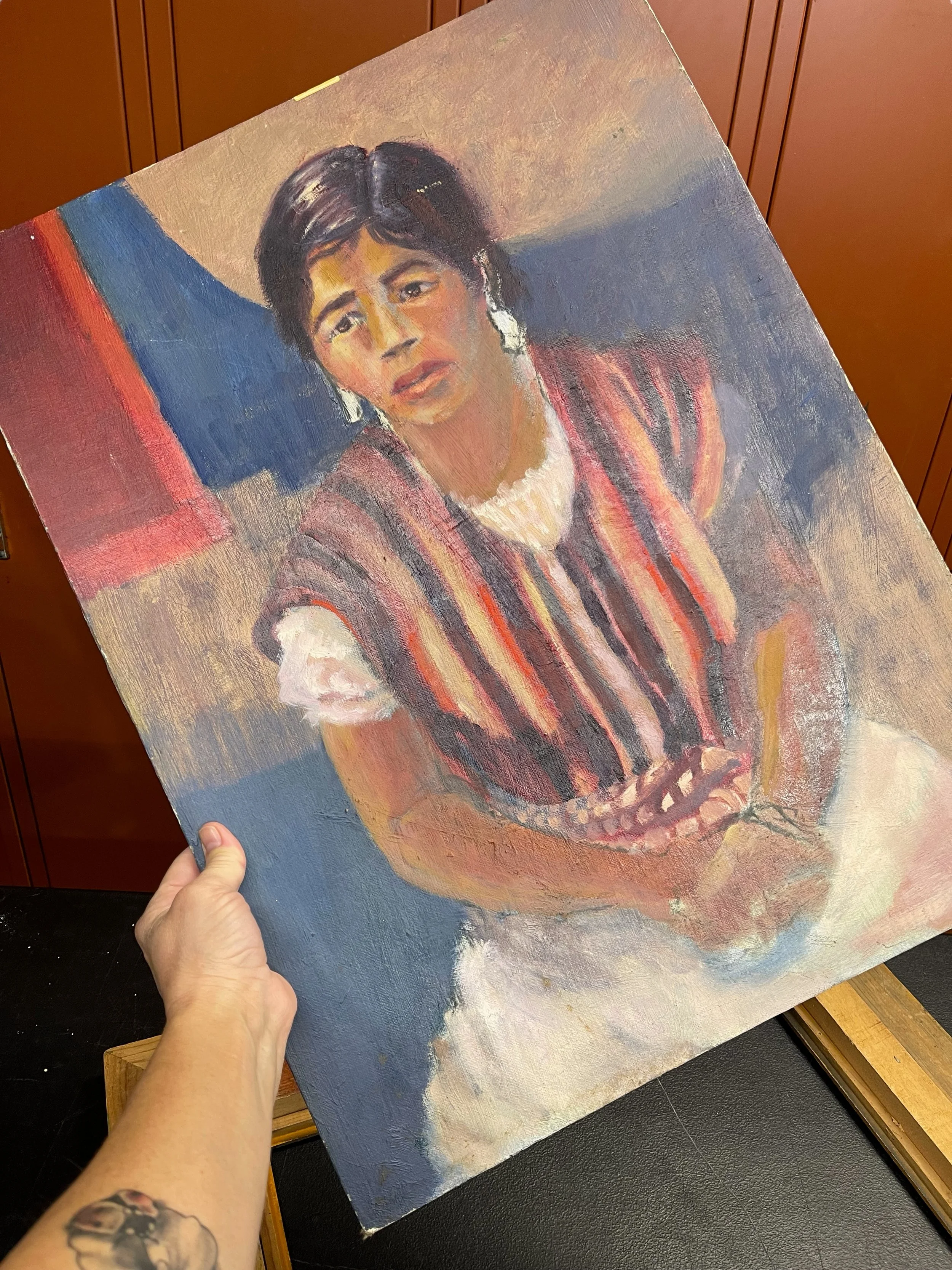 Vintage original oil painting of a Hispanic woman, framed in ornate wood frame, 32 x 26 inches, vertical orientation, Painted on a vintage Fredrix canvas board.