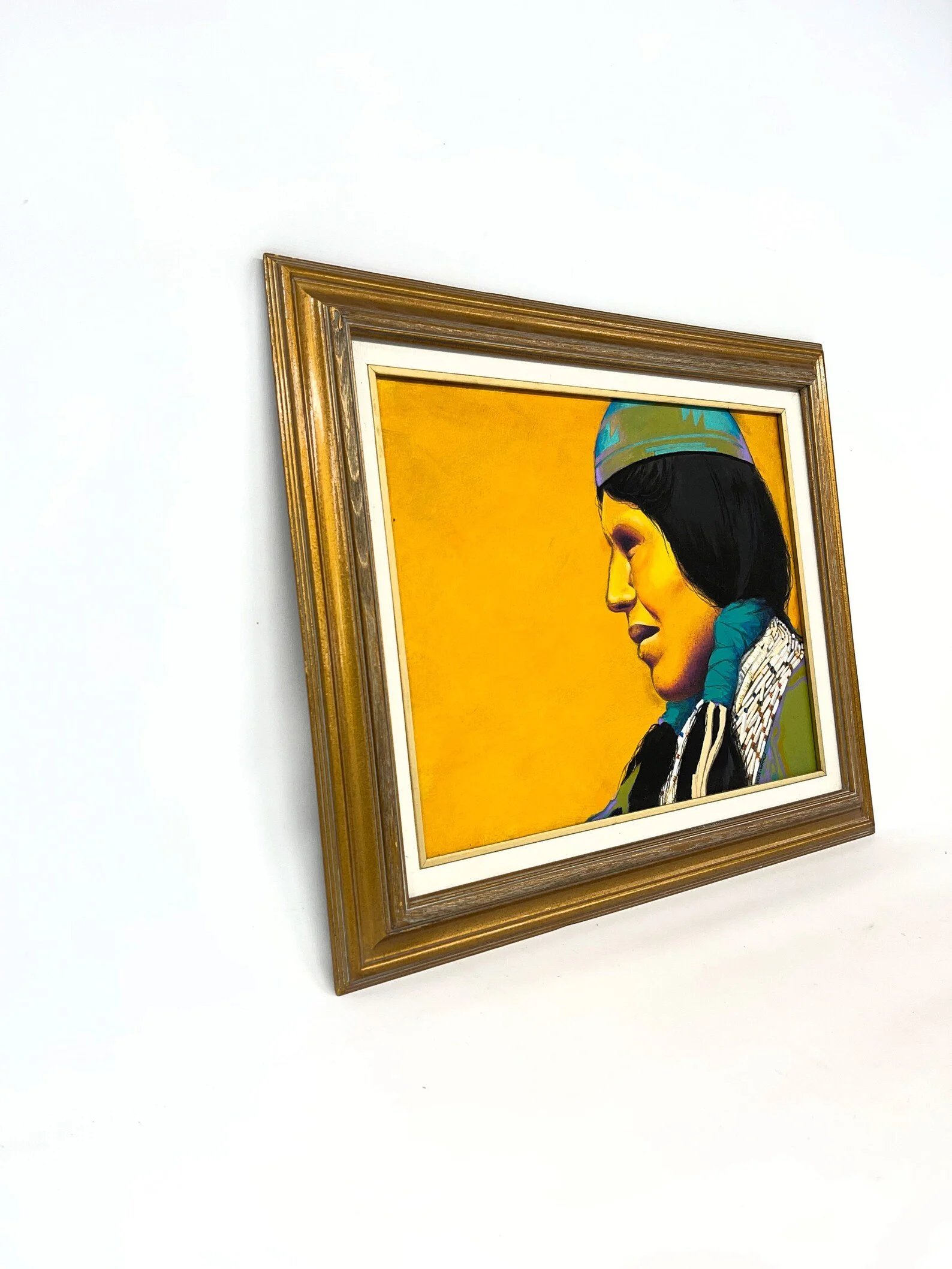 Vintage original colorful oil painting framed of a Native American.