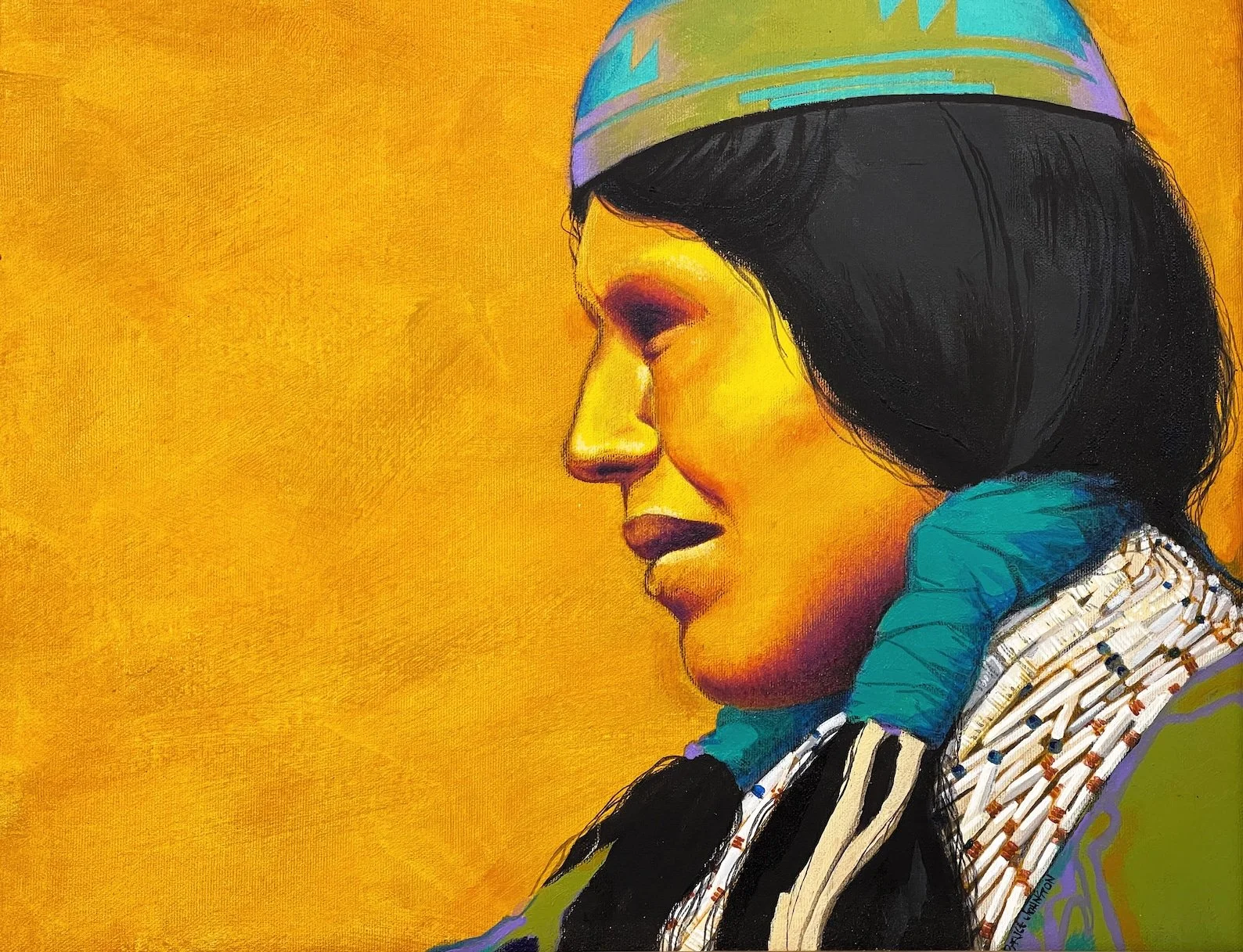 Vintage original colorful oil painting framed of a Native American.