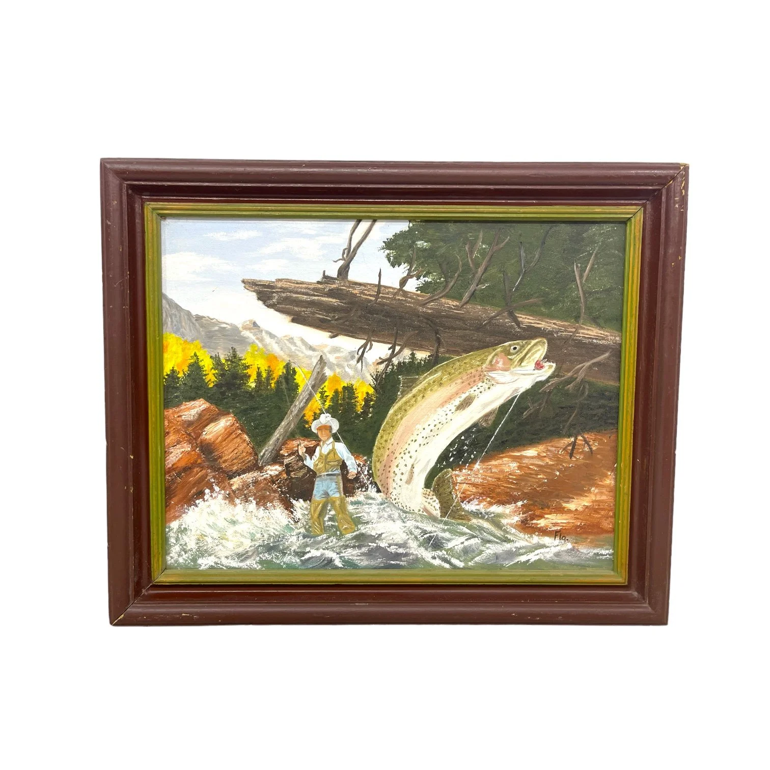 Vintage original painting, framed of a man fishing in the river with a big fish on the line, with mountains and trees in the background.
