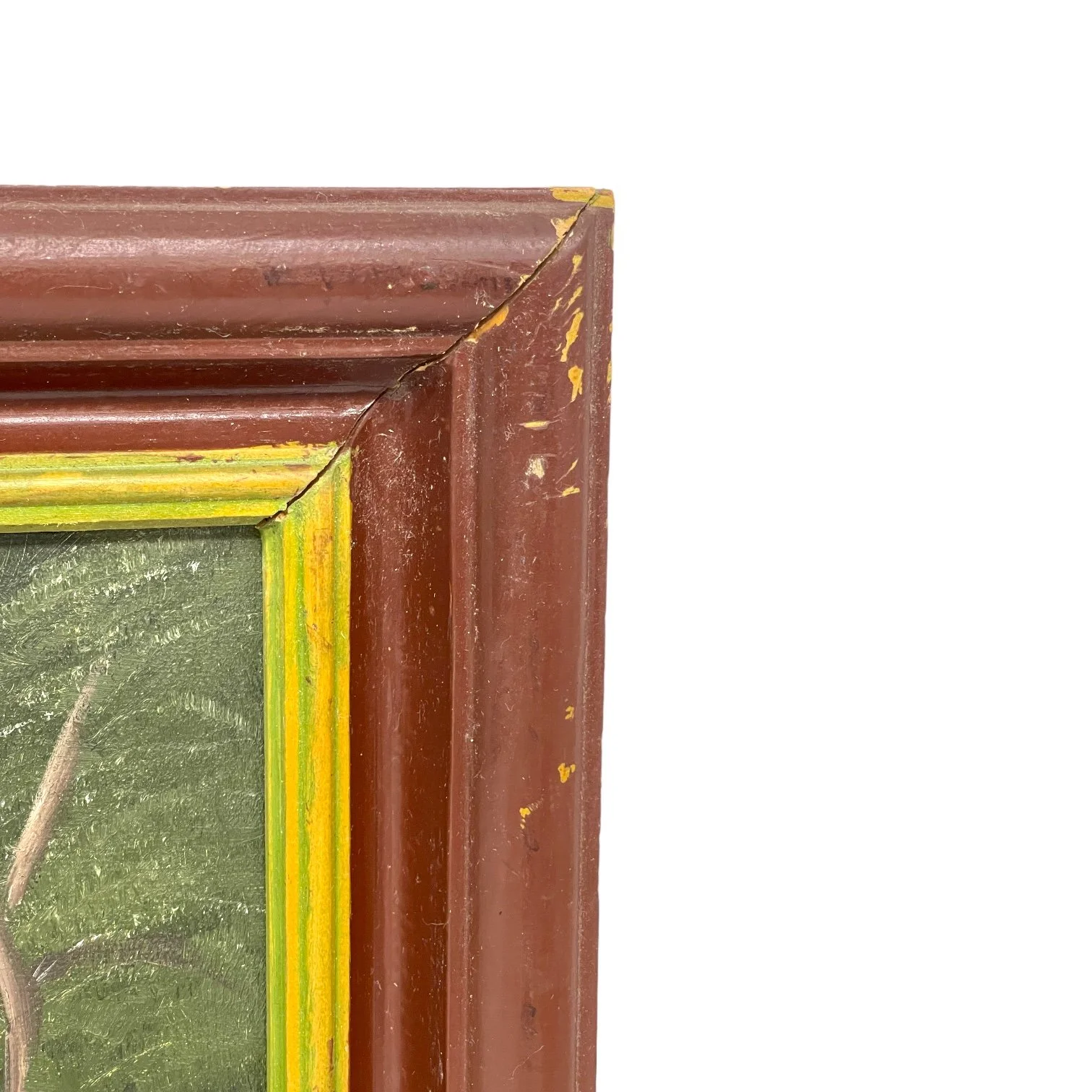 Vintage original painting, framed of a man fishing in the river with a big fish on the line, with mountains and trees in the background.