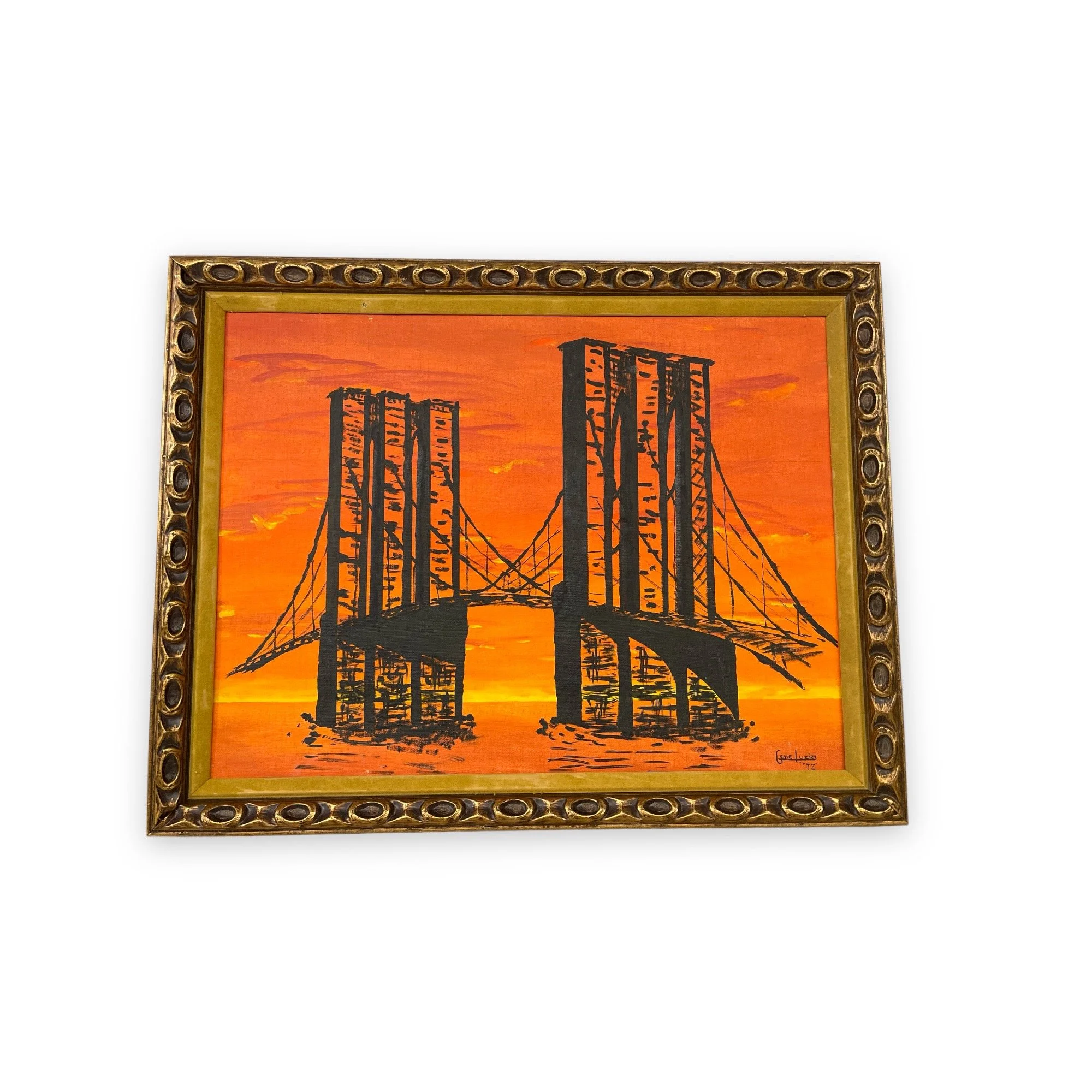 Vintage 70s original painting of a colorful bridge at sunset framed in an ornate gold mid century frame. Piece is signed and dated by artist - Gene Luziey '72.