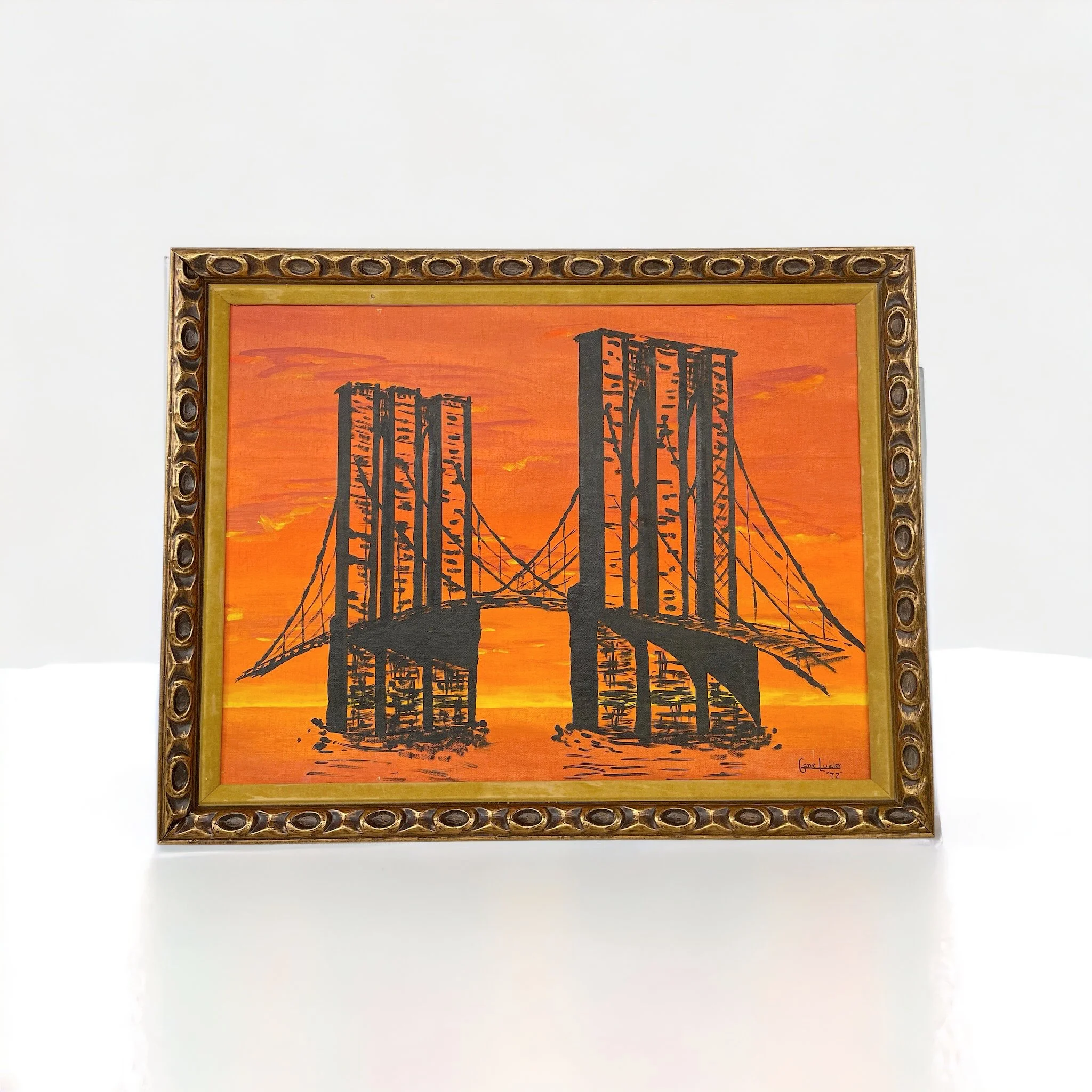 Vintage 70s original painting of a colorful bridge at sunset framed in an ornate gold mid century frame. Piece is signed and dated by artist - Gene Luziey '72.