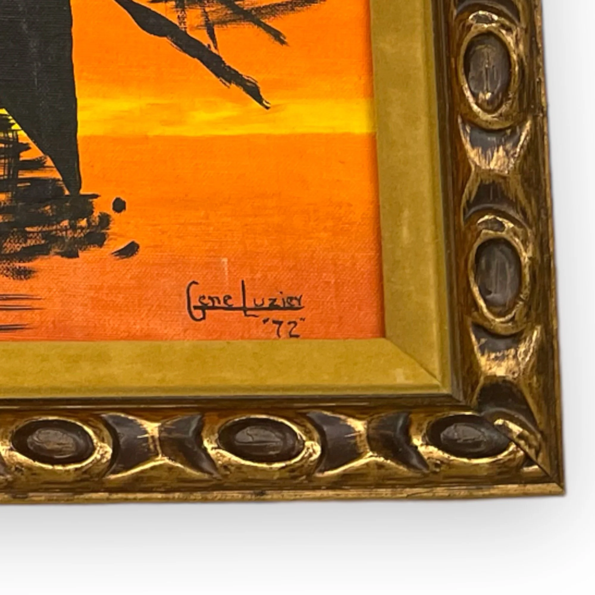 Vintage 70s original painting of a colorful bridge at sunset framed in an ornate gold mid century frame. Piece is signed and dated by artist - Gene Luziey '72.