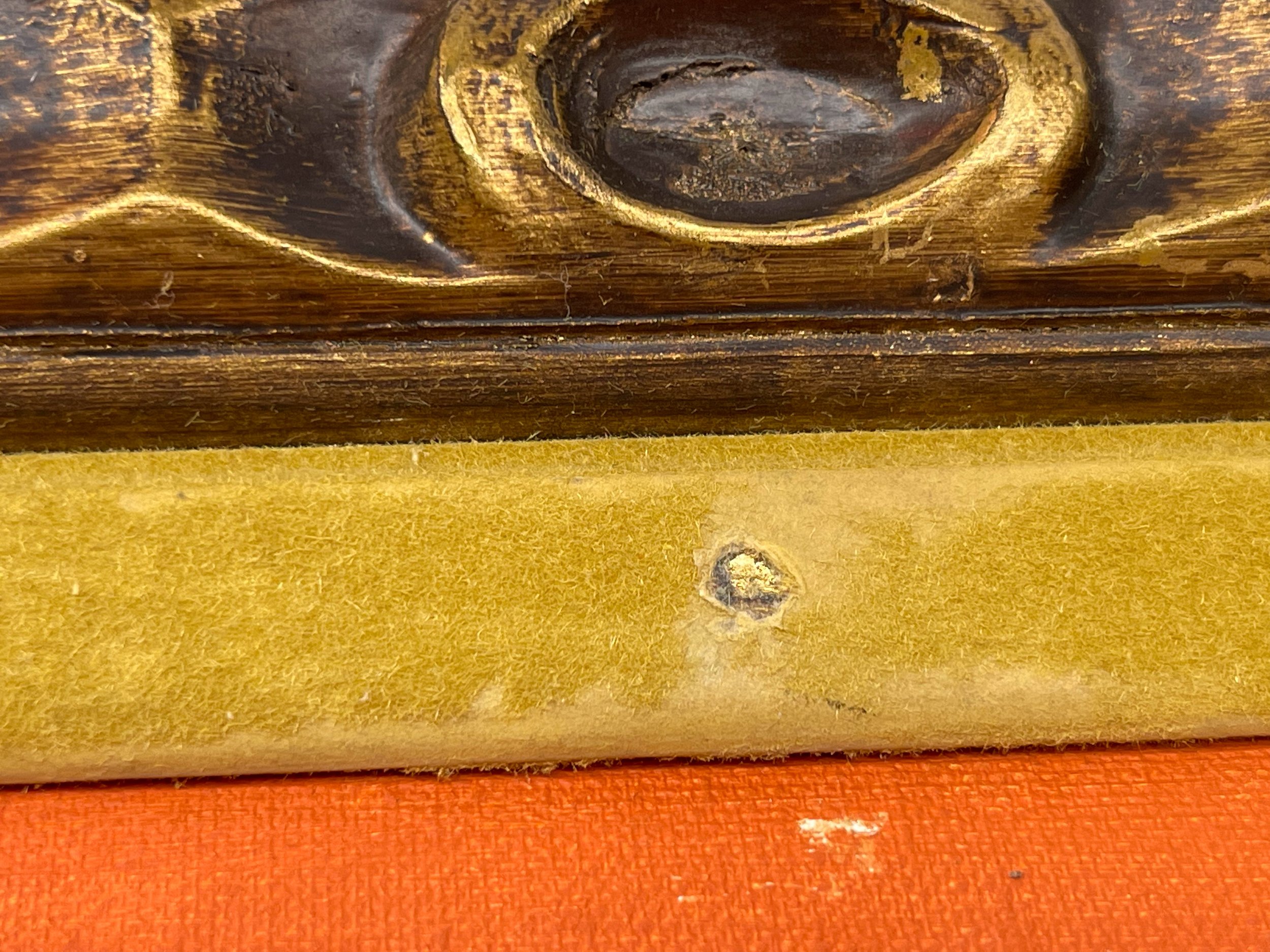 Vintage 70s original painting of a colorful bridge at sunset framed in an ornate gold mid century frame. Piece is signed and dated by artist - Gene Luziey '72.
