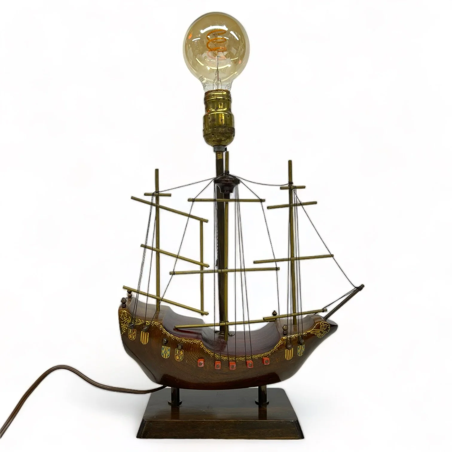 Vintage wooden Santa Maria ship lamp made of teak with ornate details, made in Holland.