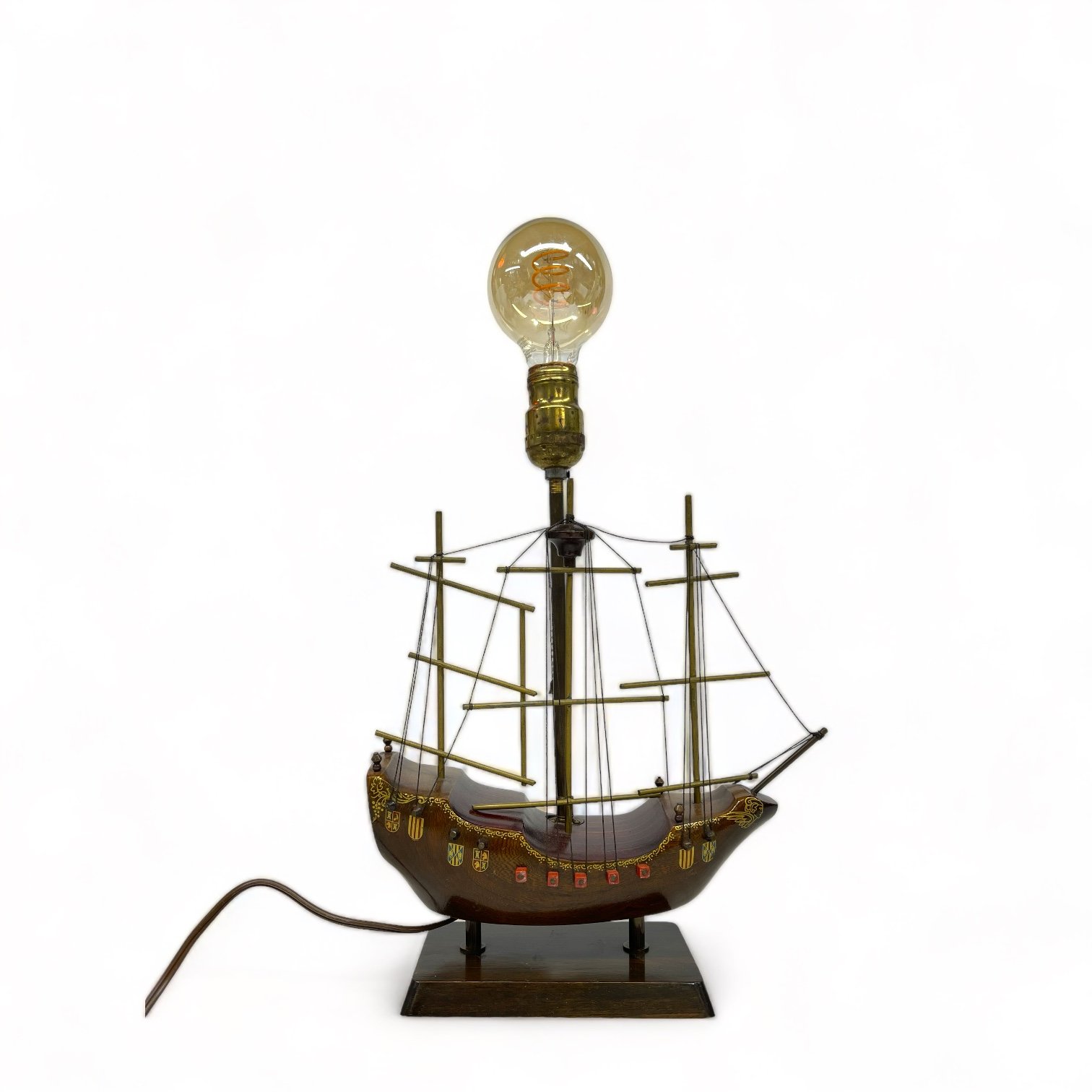 Vintage wooden Santa Maria ship lamp made of teak with ornate details, made in Holland.