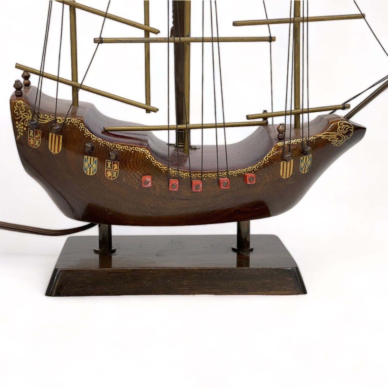 Vintage wooden Santa Maria ship lamp made of teak with ornate details, made in Holland.