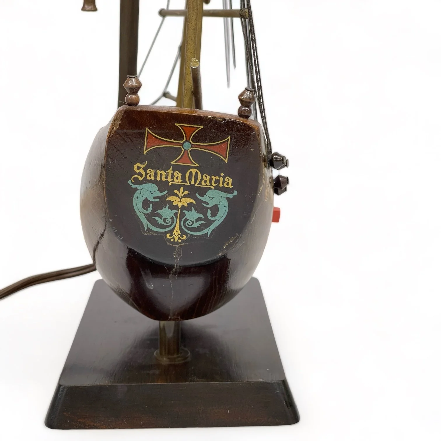 Vintage wooden Santa Maria ship lamp made of teak with ornate details, made in Holland.