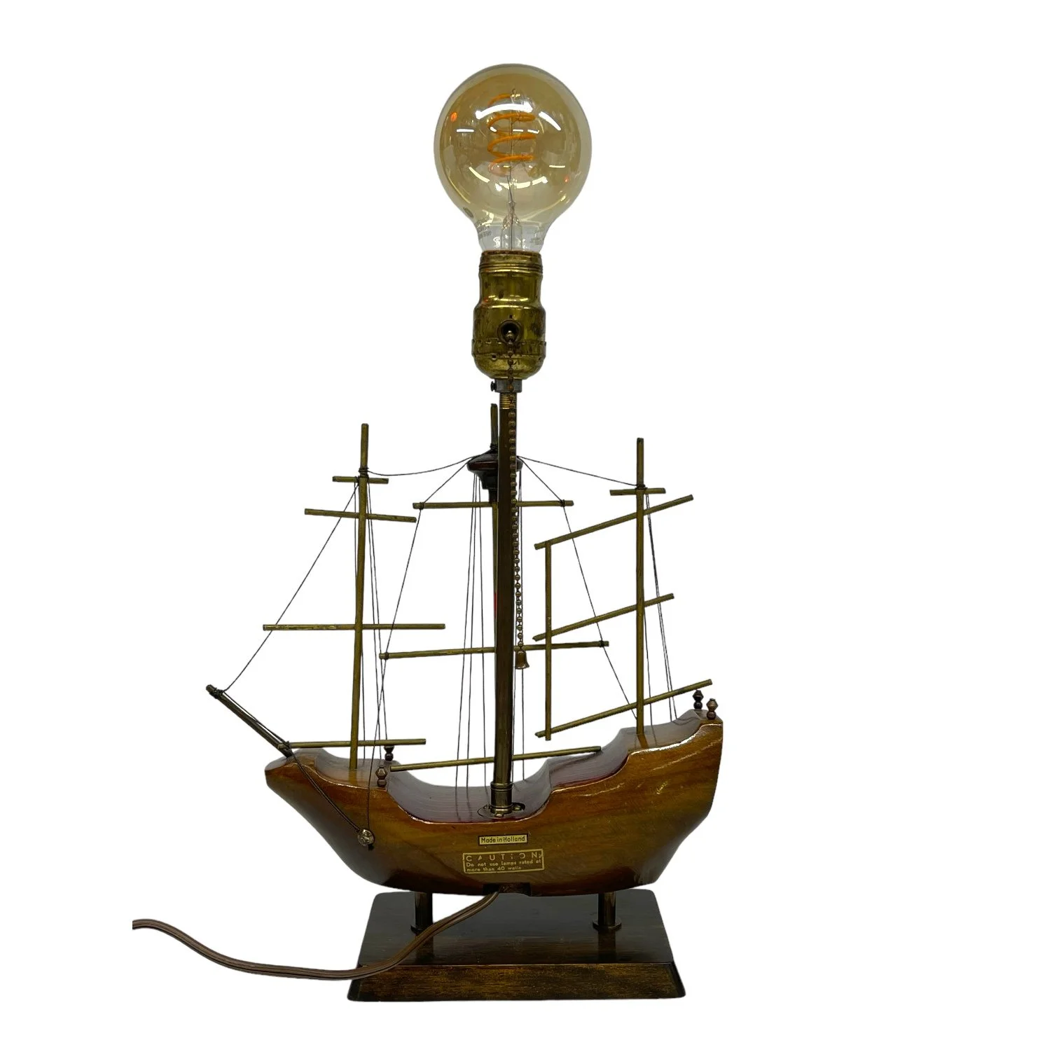 Vintage wooden Santa Maria ship lamp made of teak with ornate details, made in Holland.