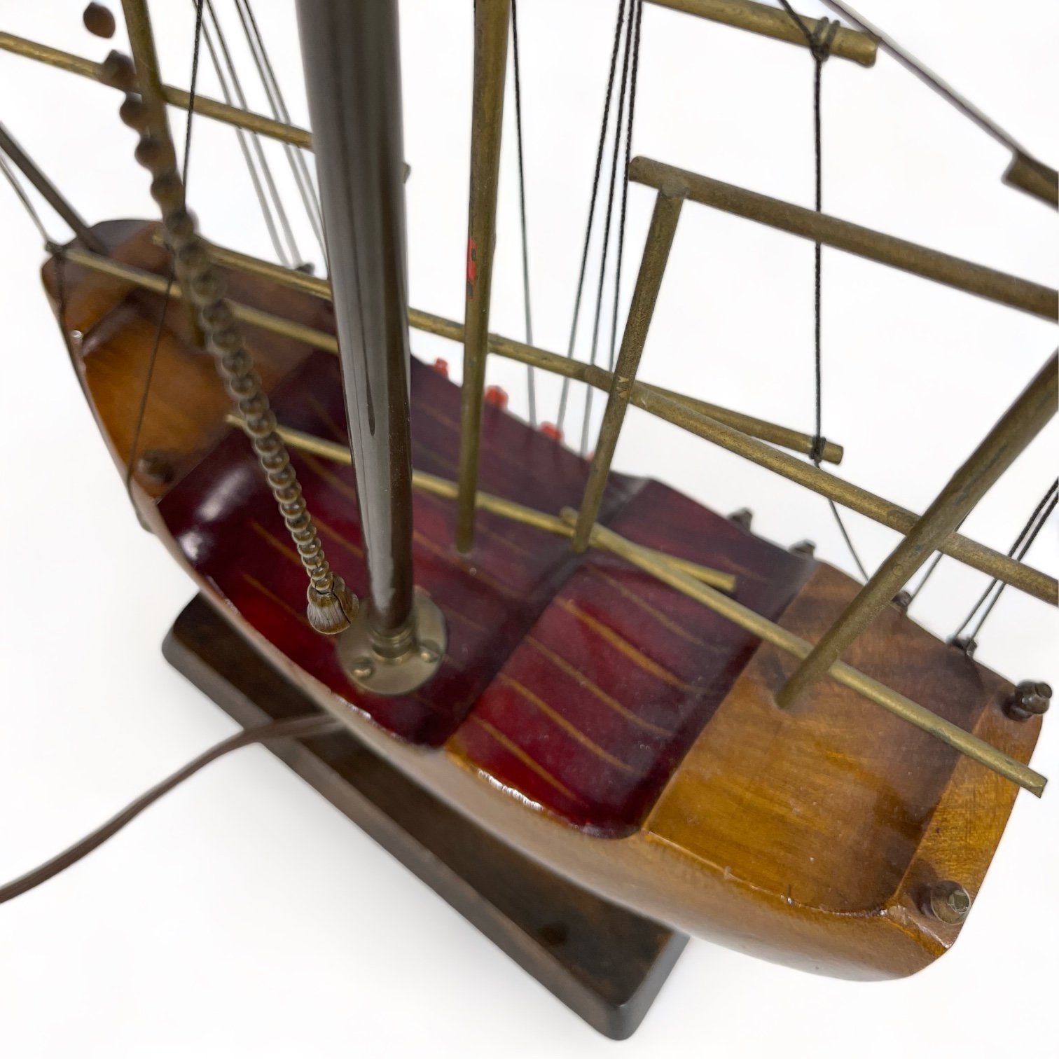 Vintage wooden Santa Maria ship lamp made of teak with ornate details, made in Holland.