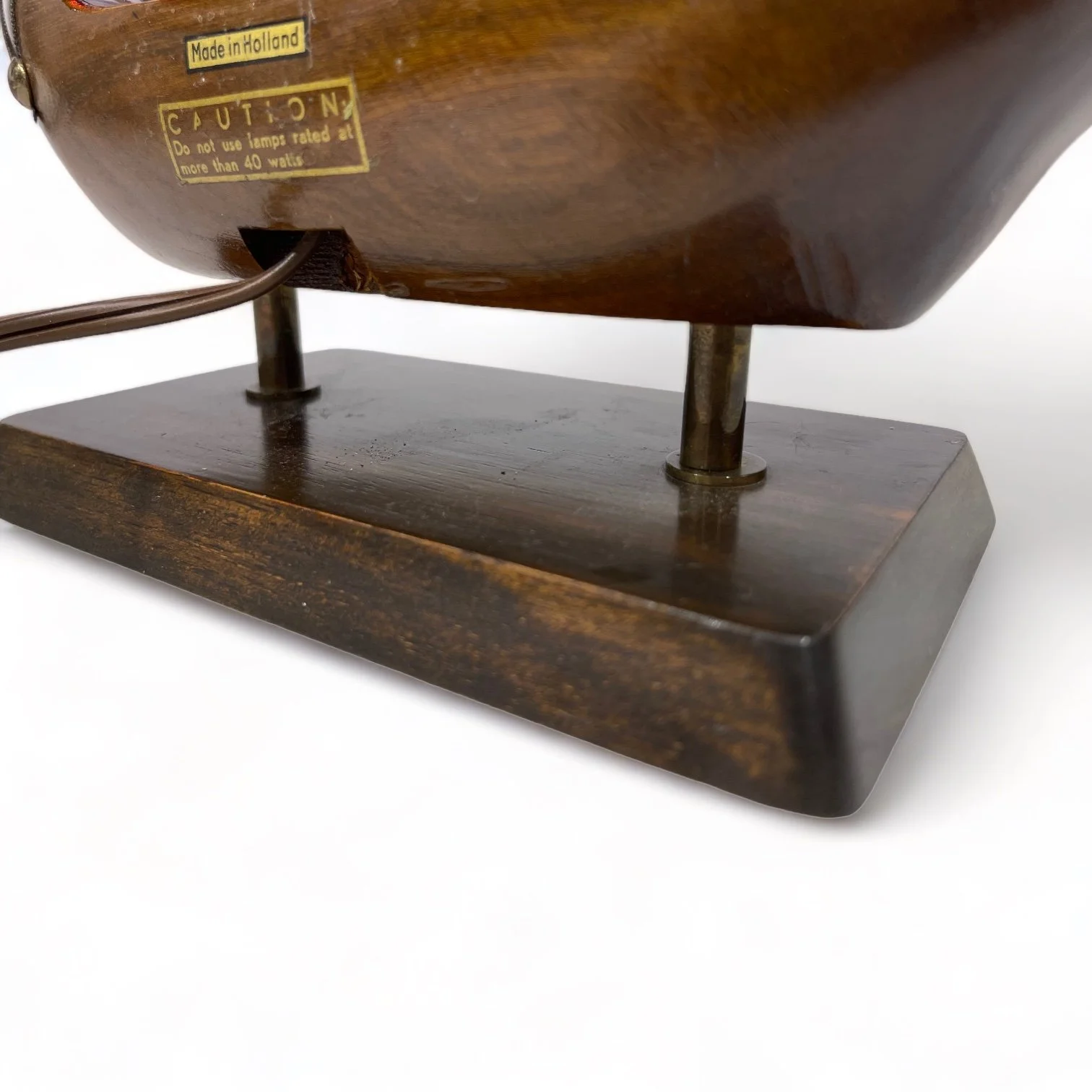 Vintage wooden Santa Maria ship lamp made of teak with ornate details, made in Holland.