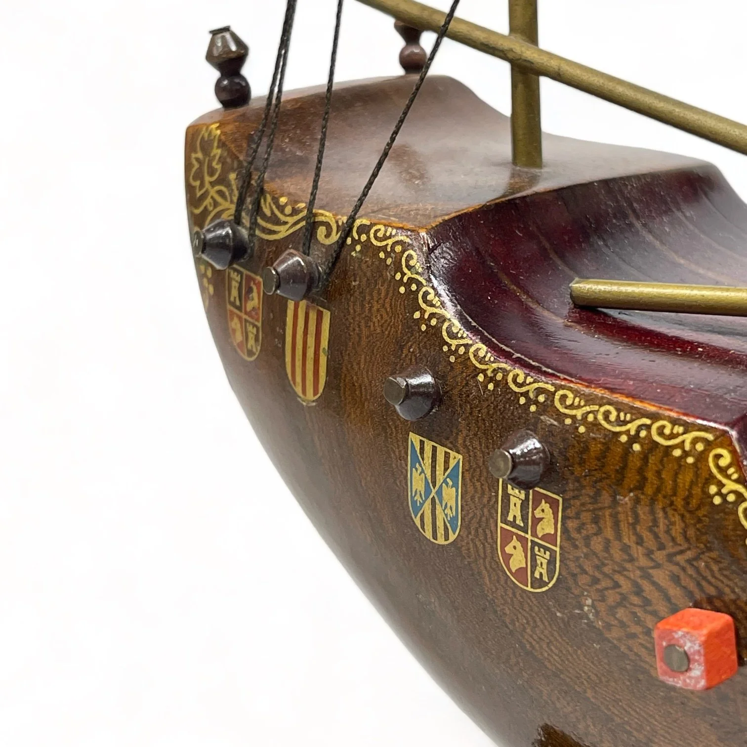 Vintage wooden Santa Maria ship lamp made of teak with ornate details, made in Holland.