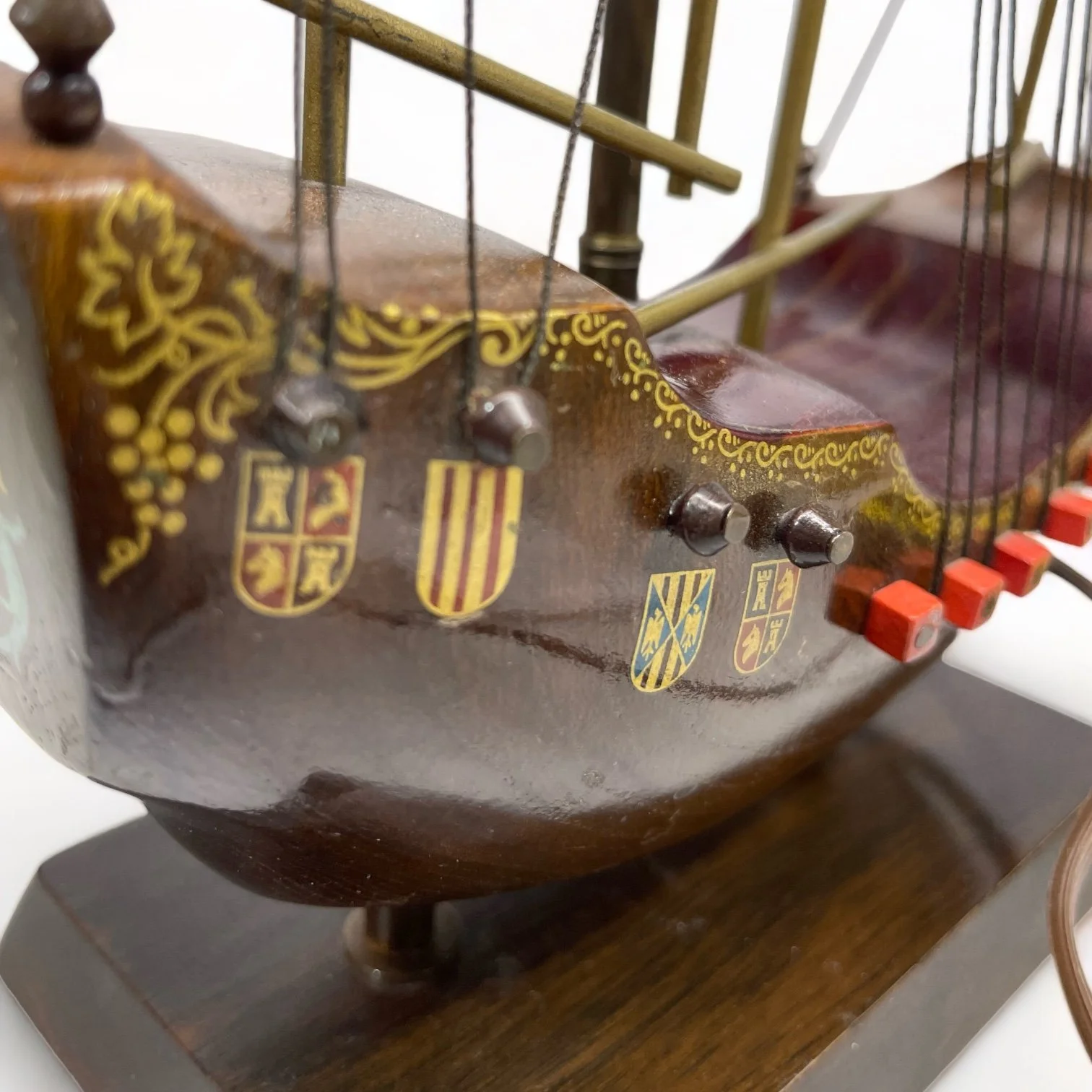 Vintage wooden Santa Maria ship lamp made of teak with ornate details, made in Holland.