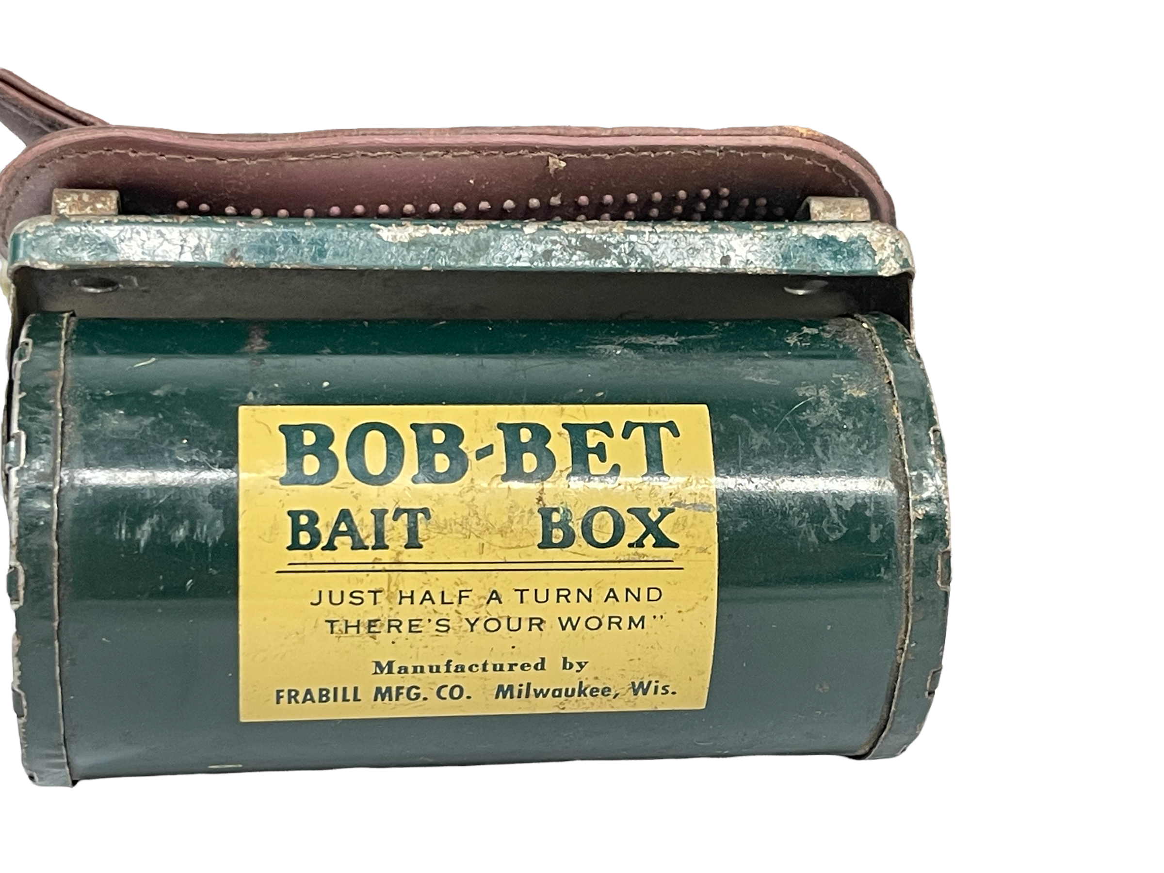 A vintage green metal Bob Bet Bait box.