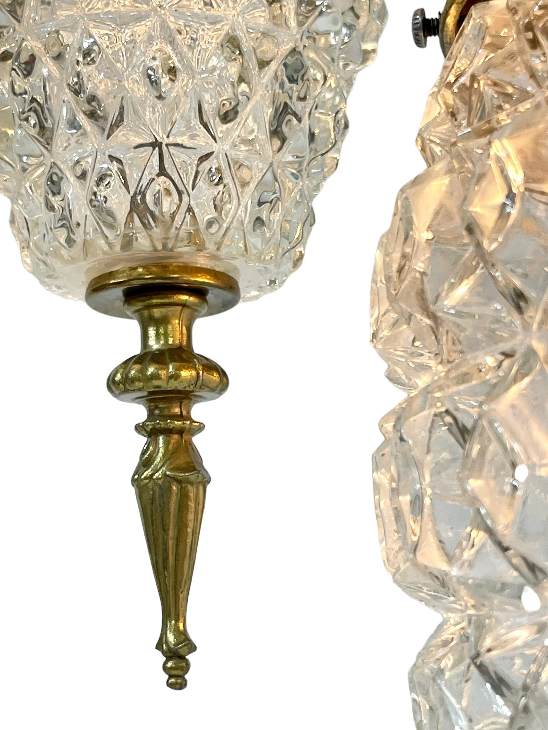 Vintage 1970s triple faceted glass mid century hanging semi-flush mount pendant light by E.F. Industries in Chicago.