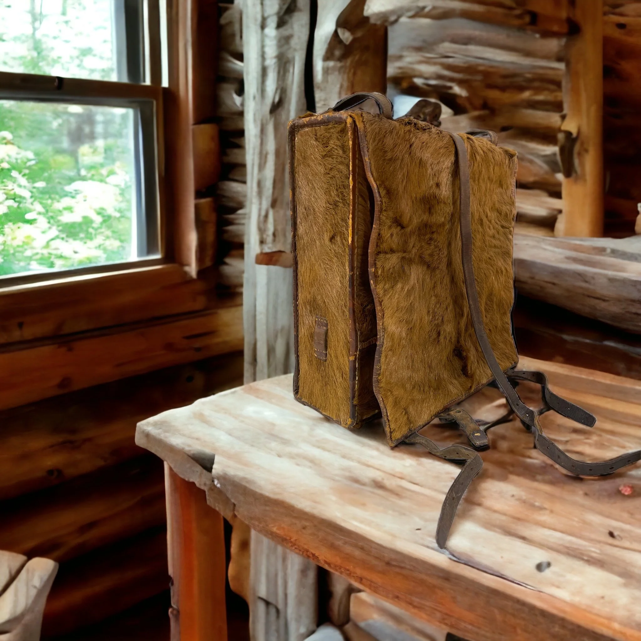 Vintage 1940s brown Swiss Military Tornister Pony Hair Rucksack in the shape of a square with leather straps and buckle displayed in a rustic cabin on a wood table.