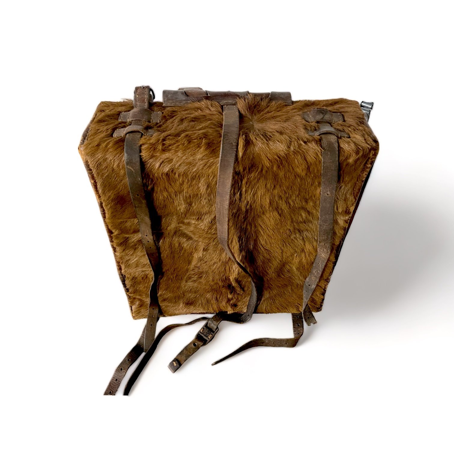 Vintage 1940s brown Swiss Military Tornister Pony Hair Rucksack in the shape of a square with leather straps and buckl