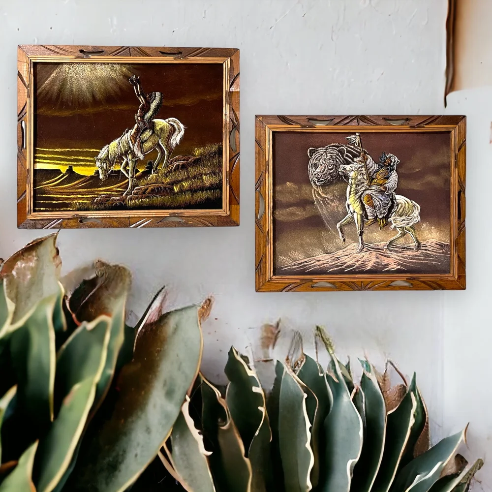 Vintage Pair of Framed Native American Velvet Paintings: Timeless