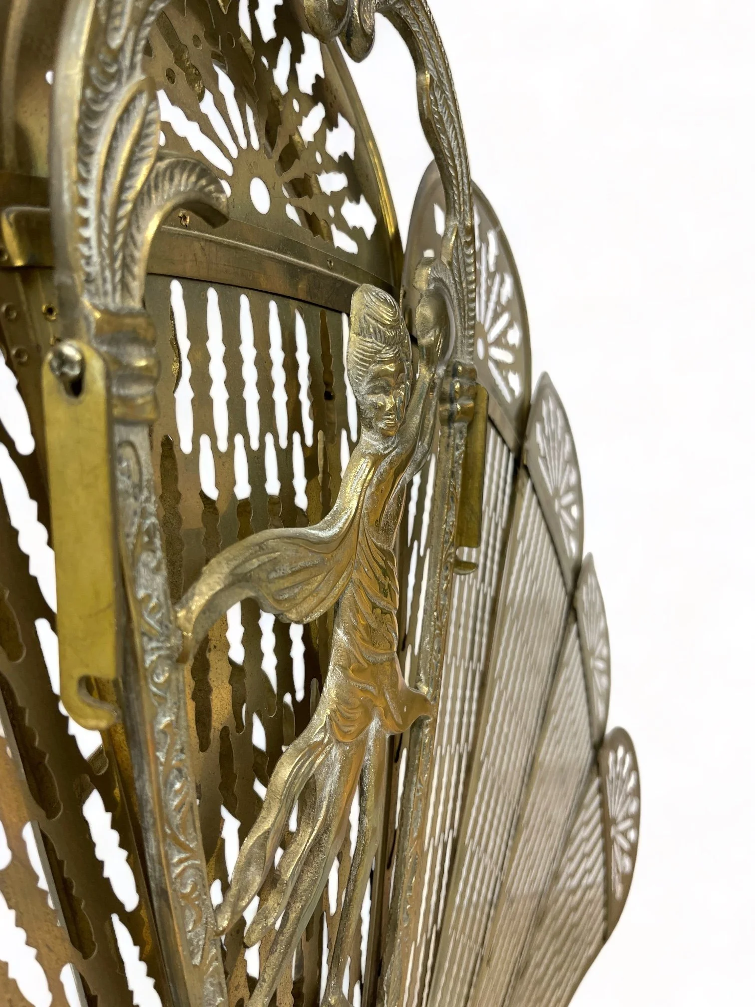 Vintage ornate solid brass art deco fireplace screen. Double sided, foldable, heavy duty weighing 17 lbs.