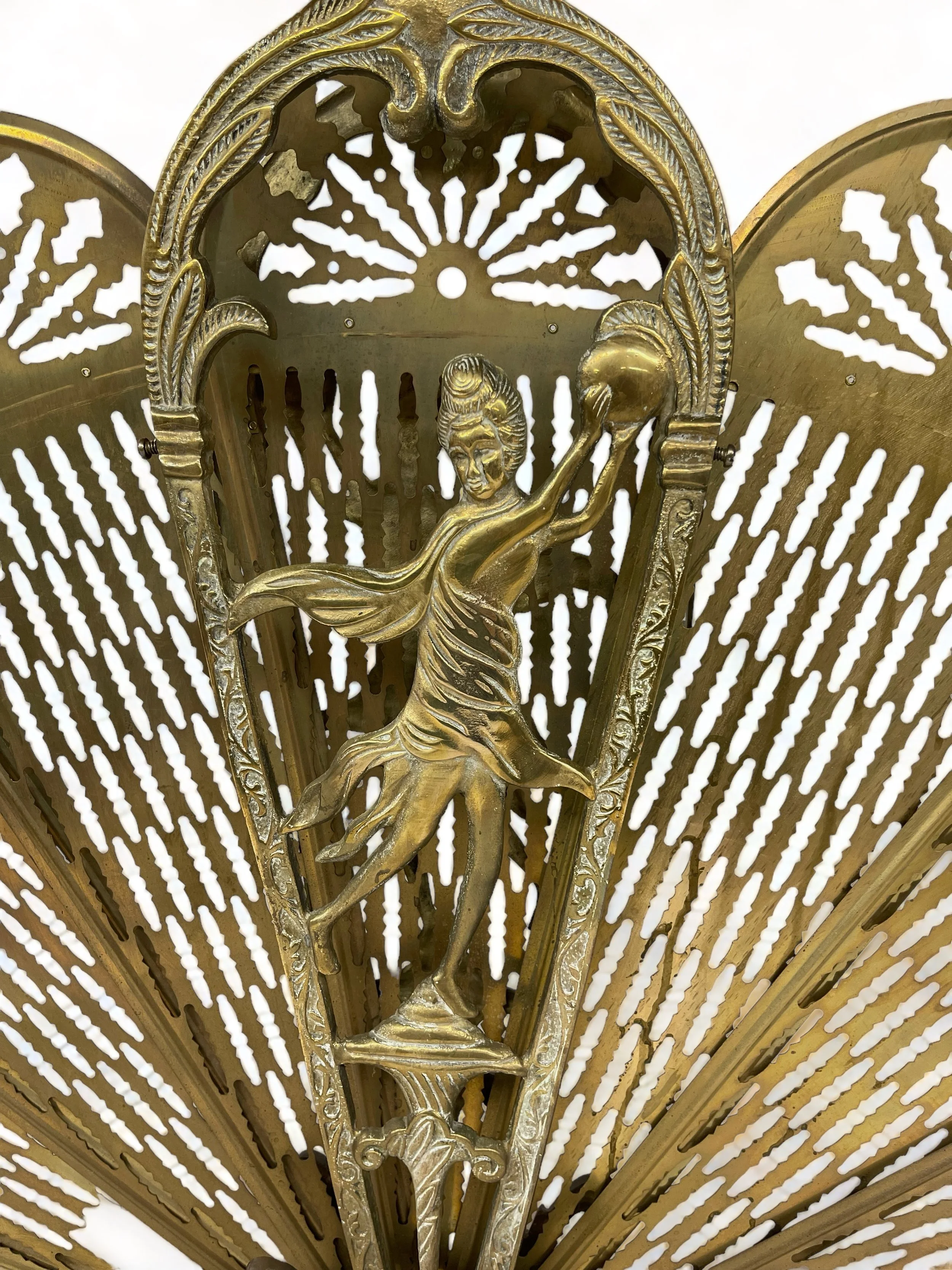 Vintage ornate solid brass art deco fireplace screen. Double sided, foldable, heavy duty weighing 17 lbs.