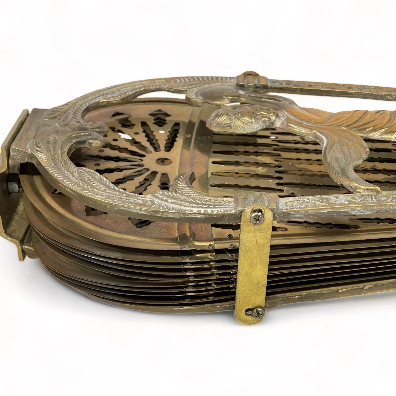 Vintage ornate solid brass art deco fireplace screen. Double sided, foldable, heavy duty weighing 17 lbs.