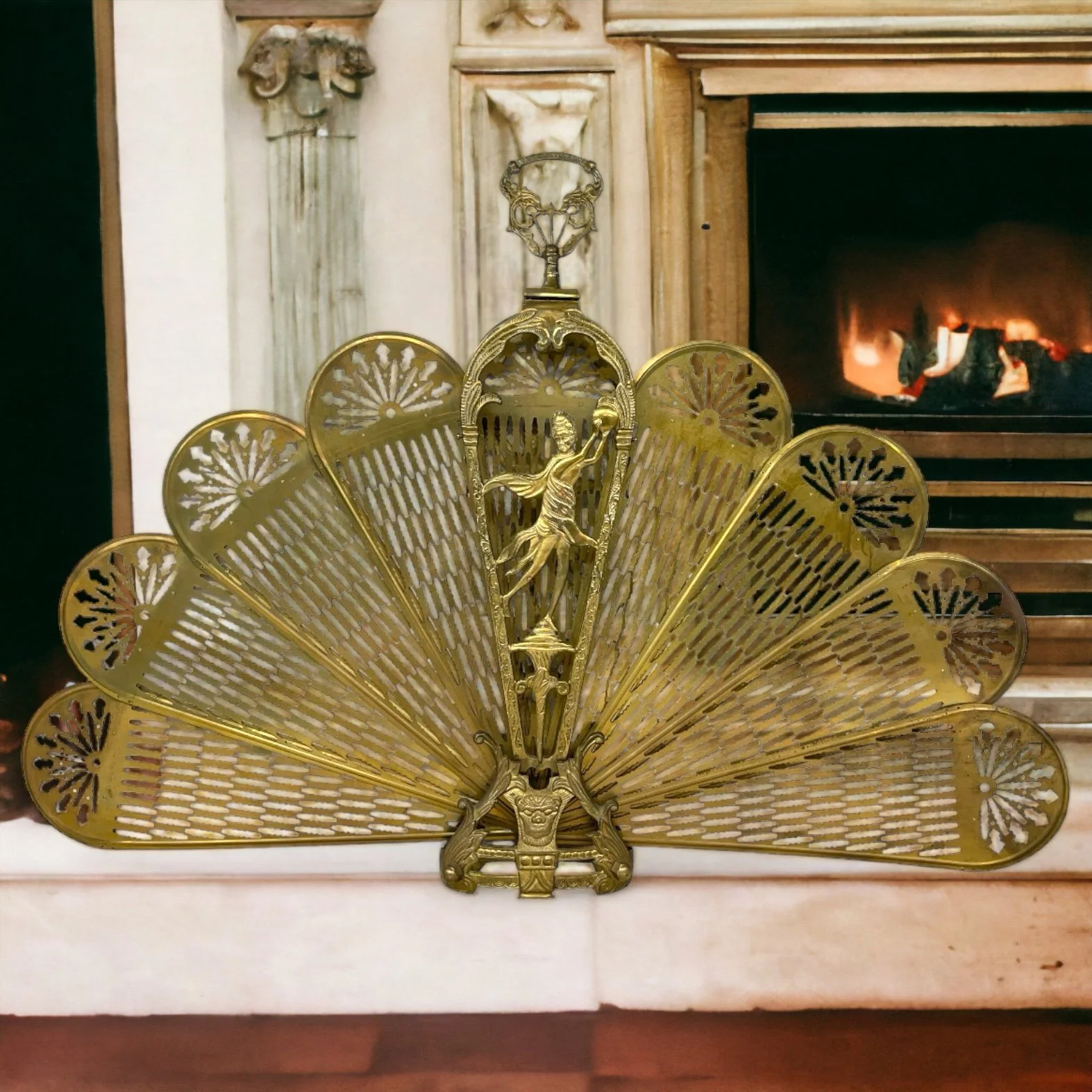 Vintage ornate solid brass art deco fireplace screen. Double sided, foldable, heavy duty weighing 17 lbs.